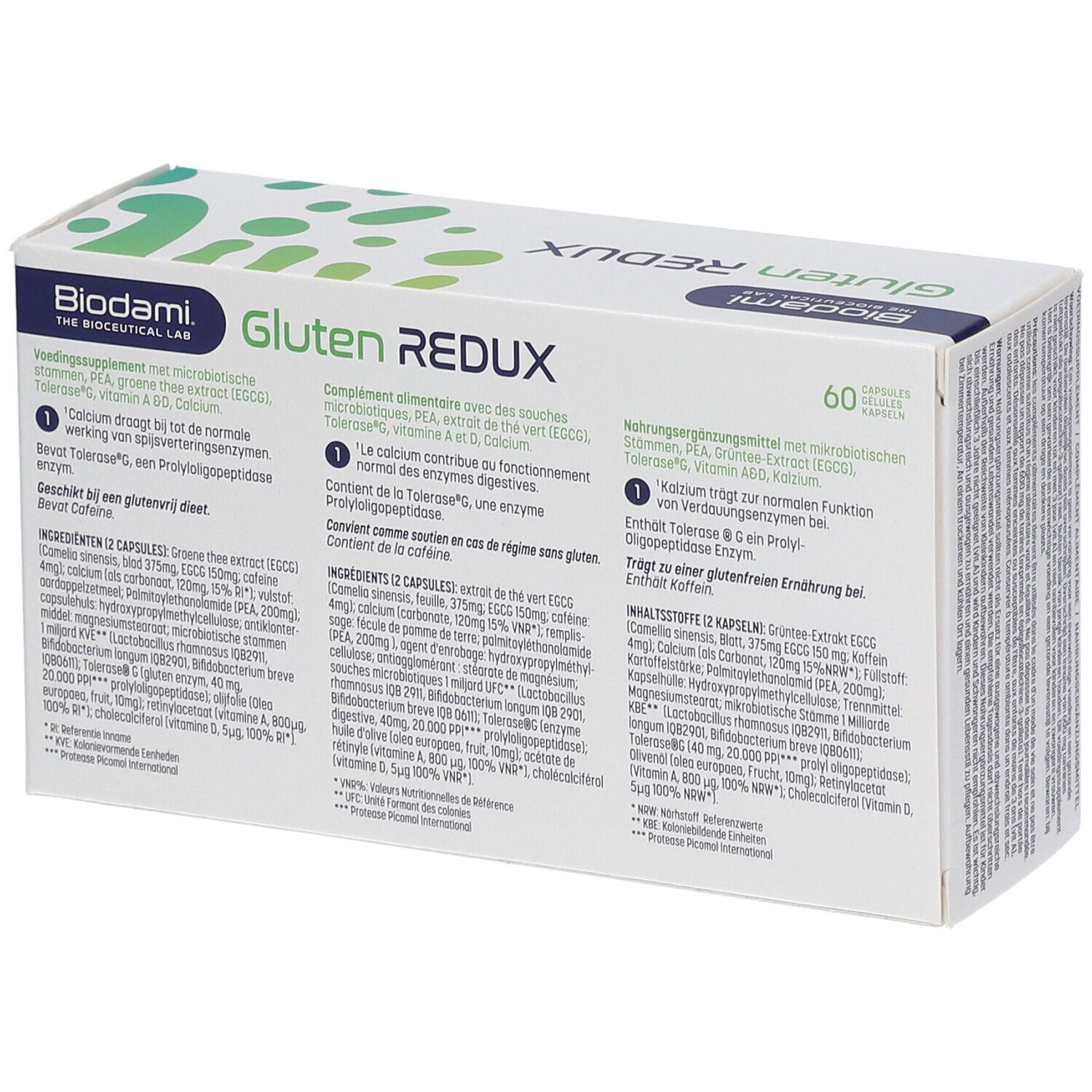 Rückseite der weißen Schachtel "Biodami Gluten Redux". Text in mehreren Sprachen. Enthält 60 Kapseln.