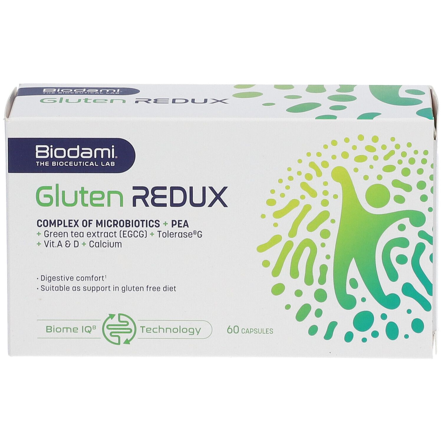 Weiße Schachtel "Biodami Gluten Redux" mit 60 Kapseln. Aufschrift: "Complex of Microbics + PEA".