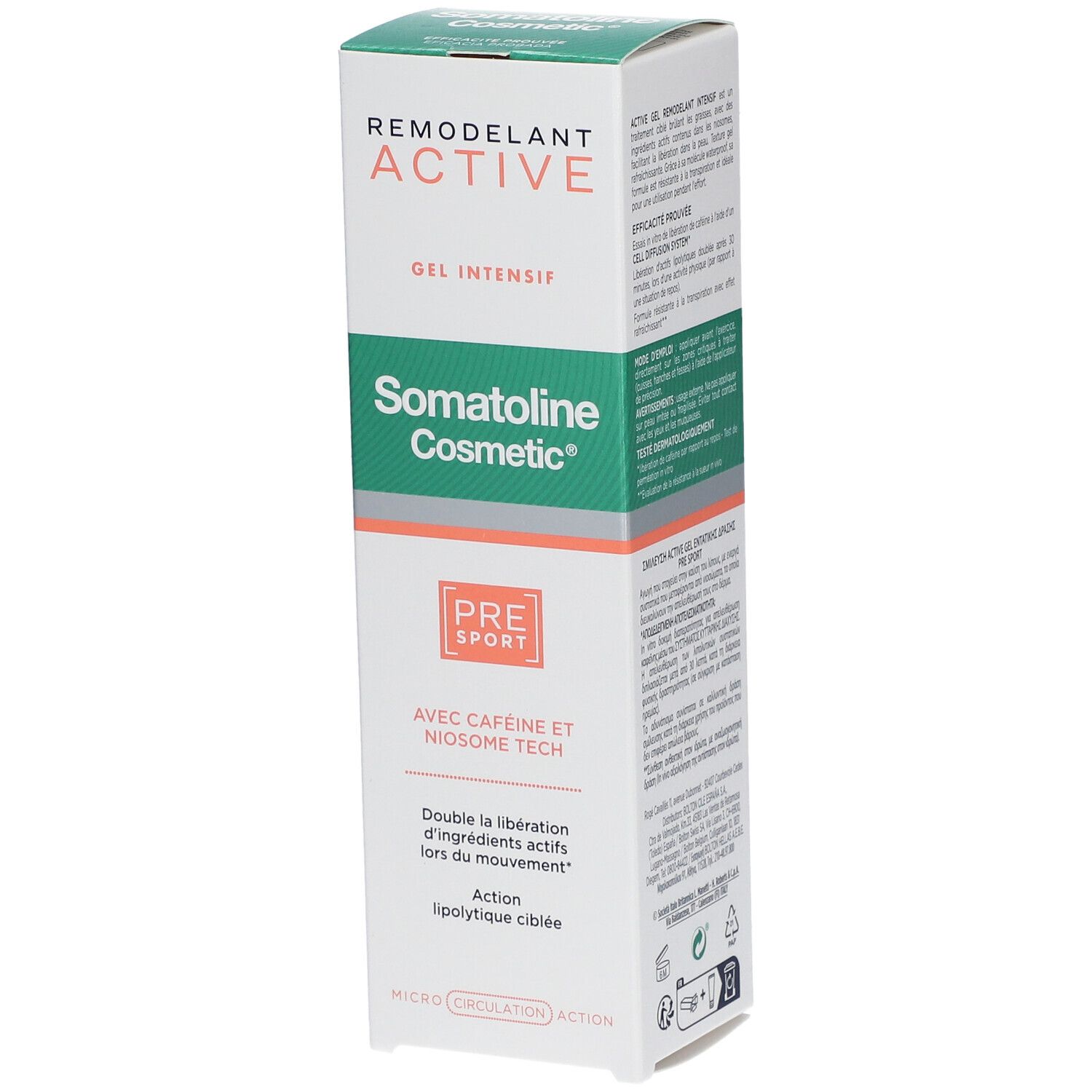 Schachtel mit Somatoline Cosmetic Active Gel. Grün-weißes Design, orangefarbene Akzente. Text: Remodellierung Active, Pre Sport.