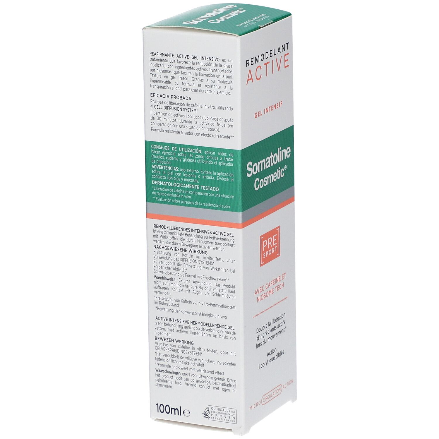 Rückseite der Schachtel mit Somatoline Cosmetic Active Gel. Text in mehreren Sprachen. 100ml. Grün-weißes Design.