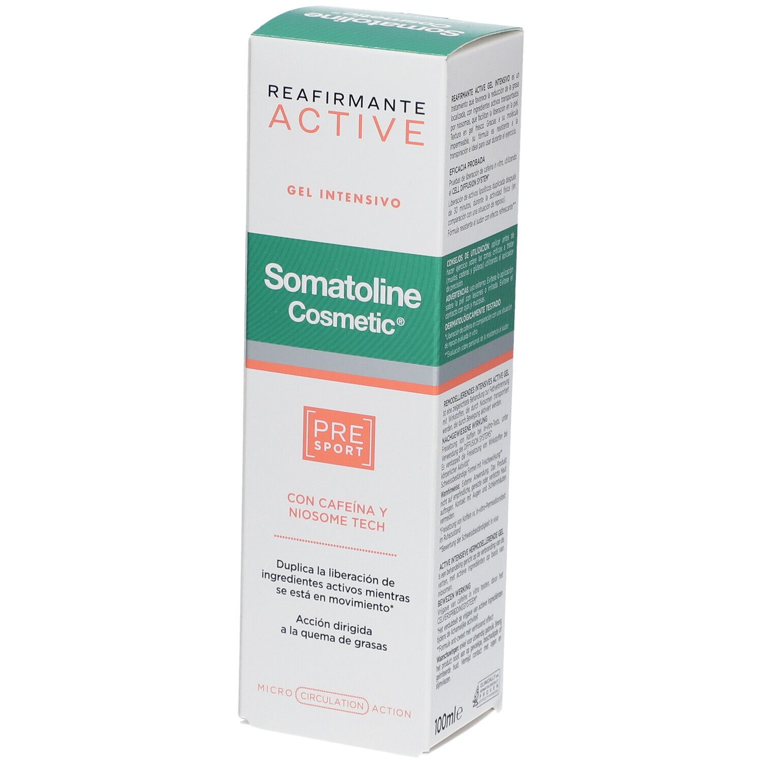 Schachtel mit Somatoline Cosmetic Active Gel. Grün-weißes Design, orangefarbene Akzente. Text: Reafirmante Active, Pre Sport.