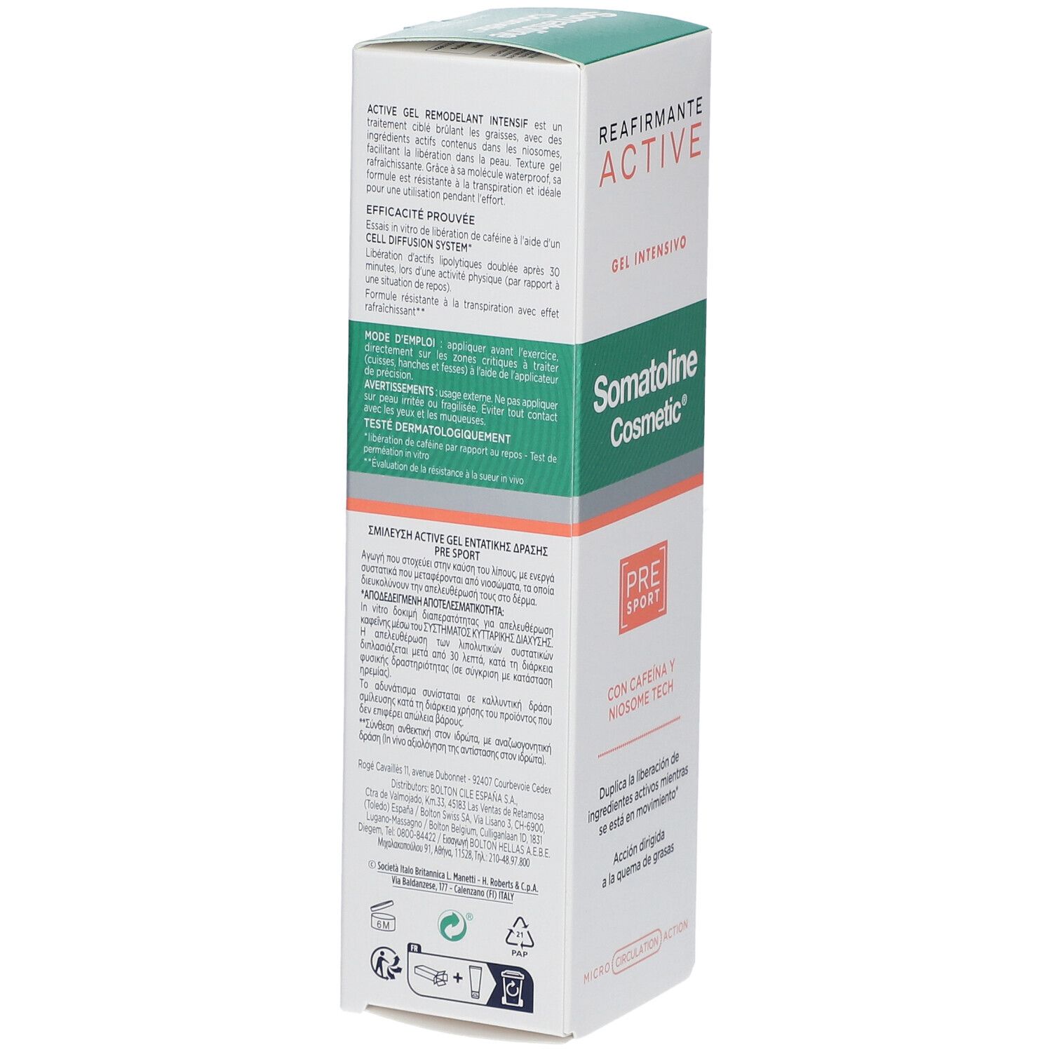 Rückseite der Schachtel mit Somatoline Cosmetic Active Gel. Text in mehreren Sprachen. Grün-weißes Design.