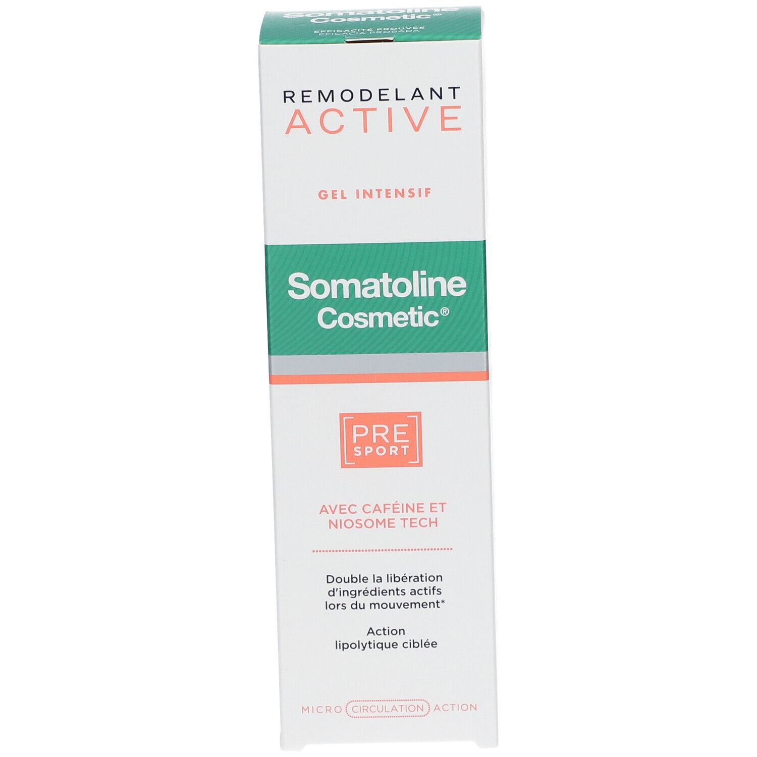 Schachtel mit Somatoline Cosmetic Active Gel. Grün-weißes Design, orangefarbene Akzente. Text: Remodellierung Active, Pre Sport.