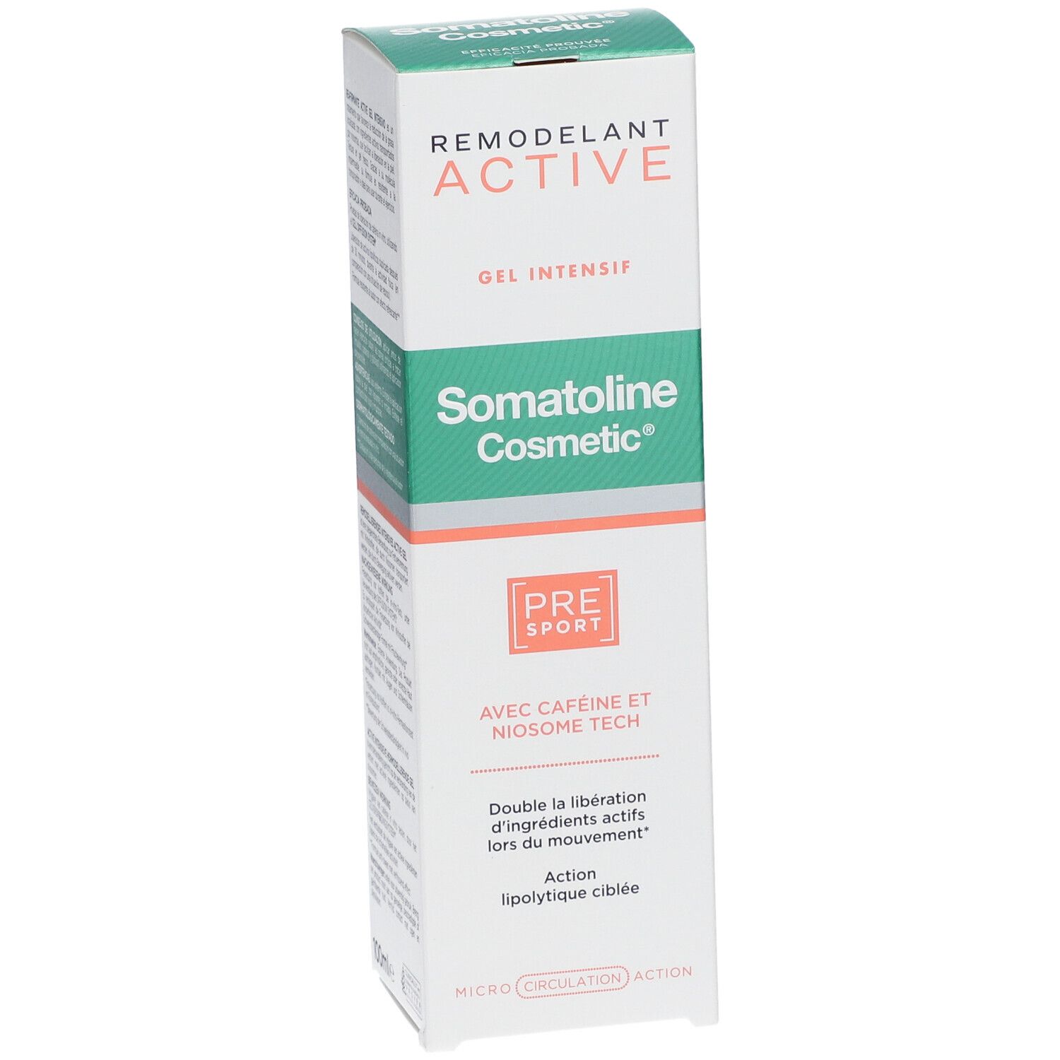 Schachtel mit Somatoline Cosmetic Active Gel. Grün-weißes Design, orangefarbene Akzente. Text: Remodellierung Active, Pre Sport.