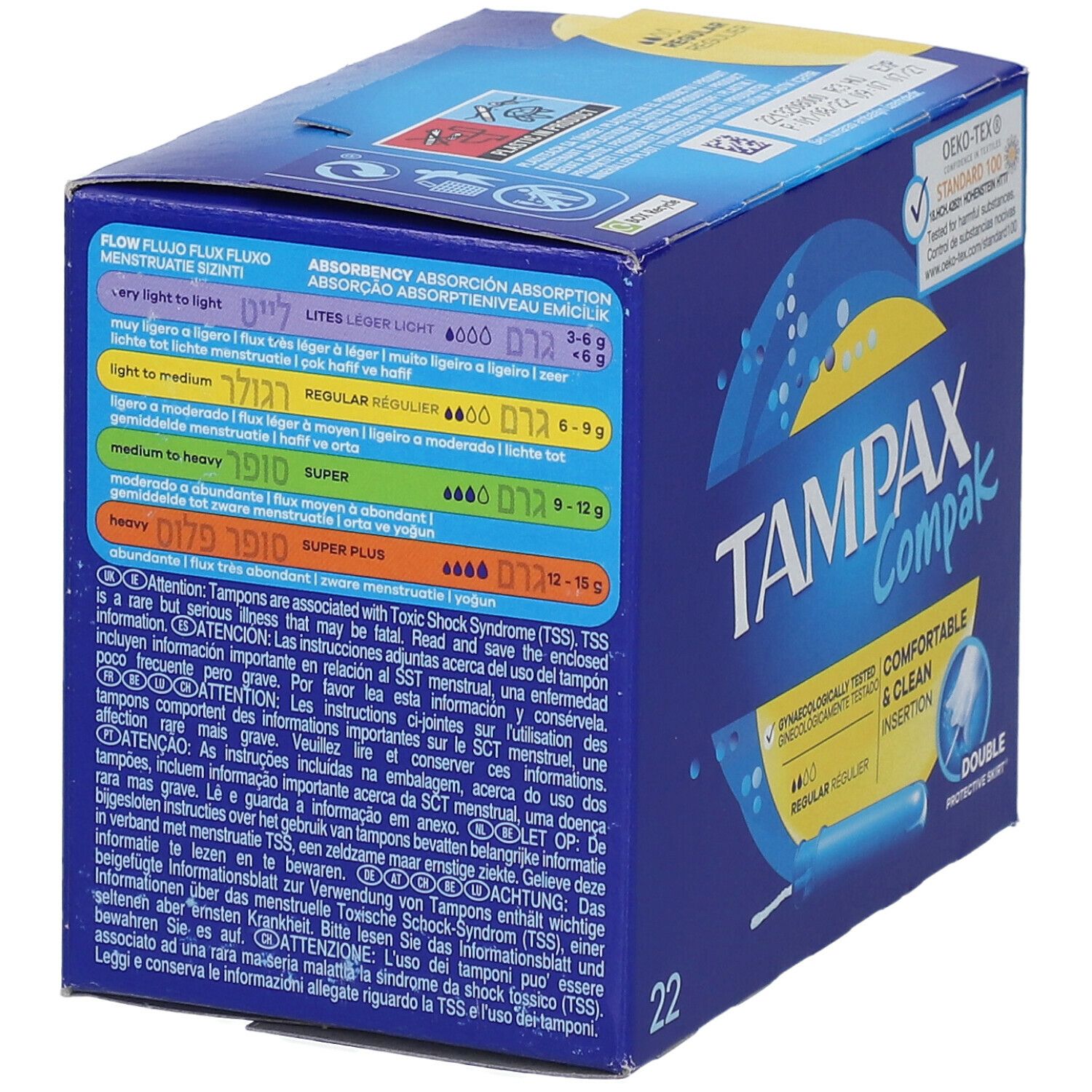 Rückseite der 'Tampax Compak' Packung. Informationen zu Absorption und Warnhinweise. 22 Stück. Blau-gelb.