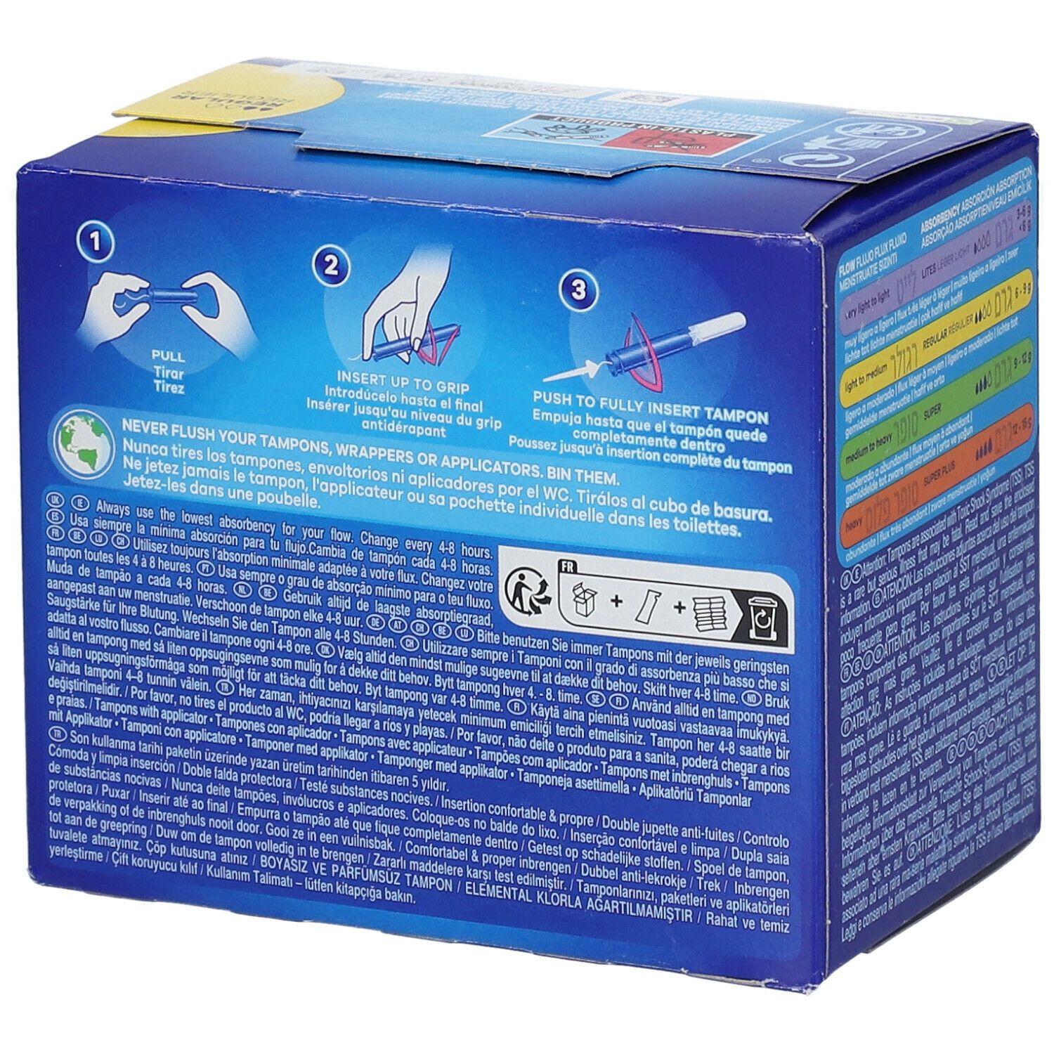 Anleitung zur Anwendung von 'Tampax Compak'. Drei Schritte. Blau-gelbe Verpackung. Text in mehreren Sprachen.