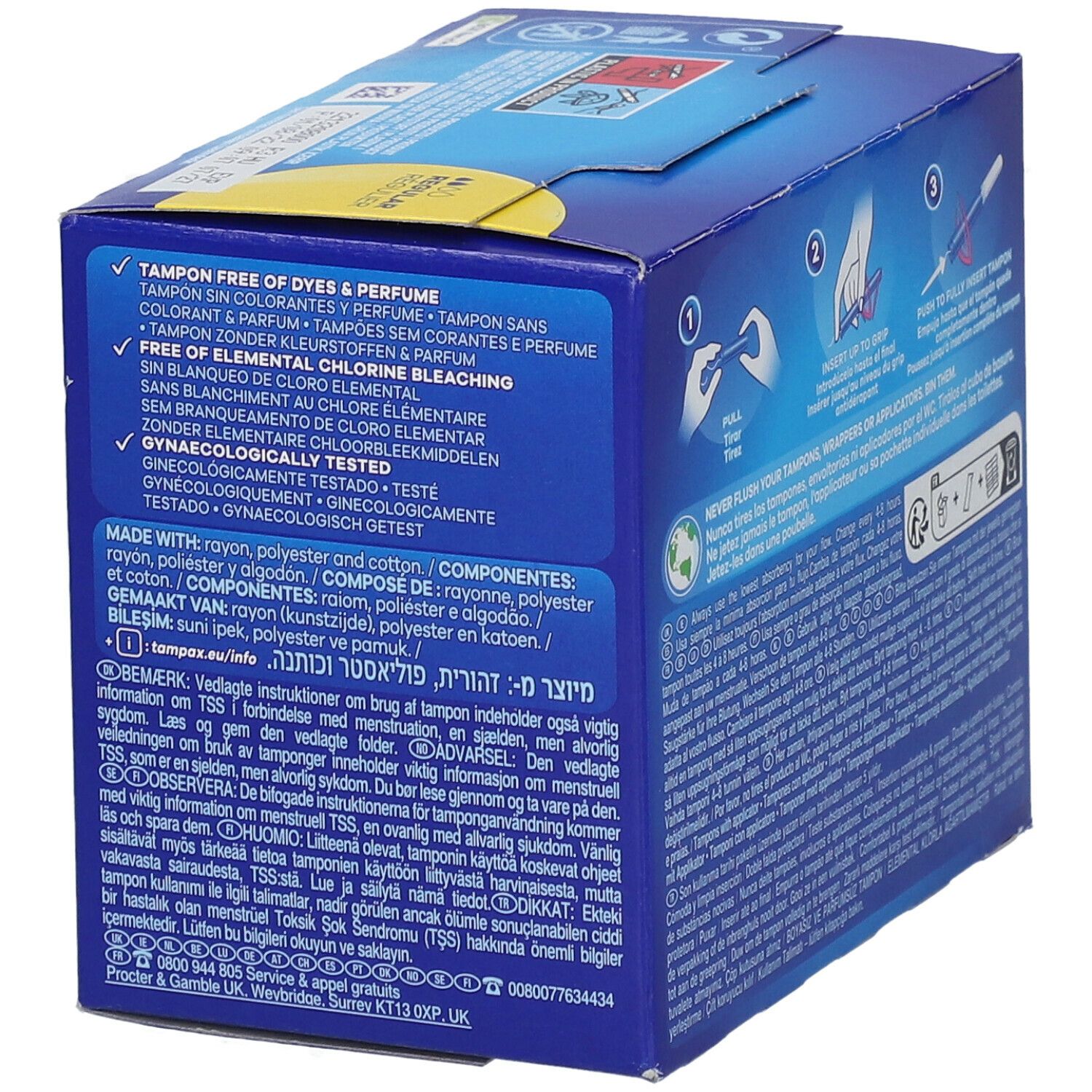 Rückseite der 'Tampax Compak' Packung. Informationen zu Inhaltsstoffen und Warnhinweisen. Blau-gelb.