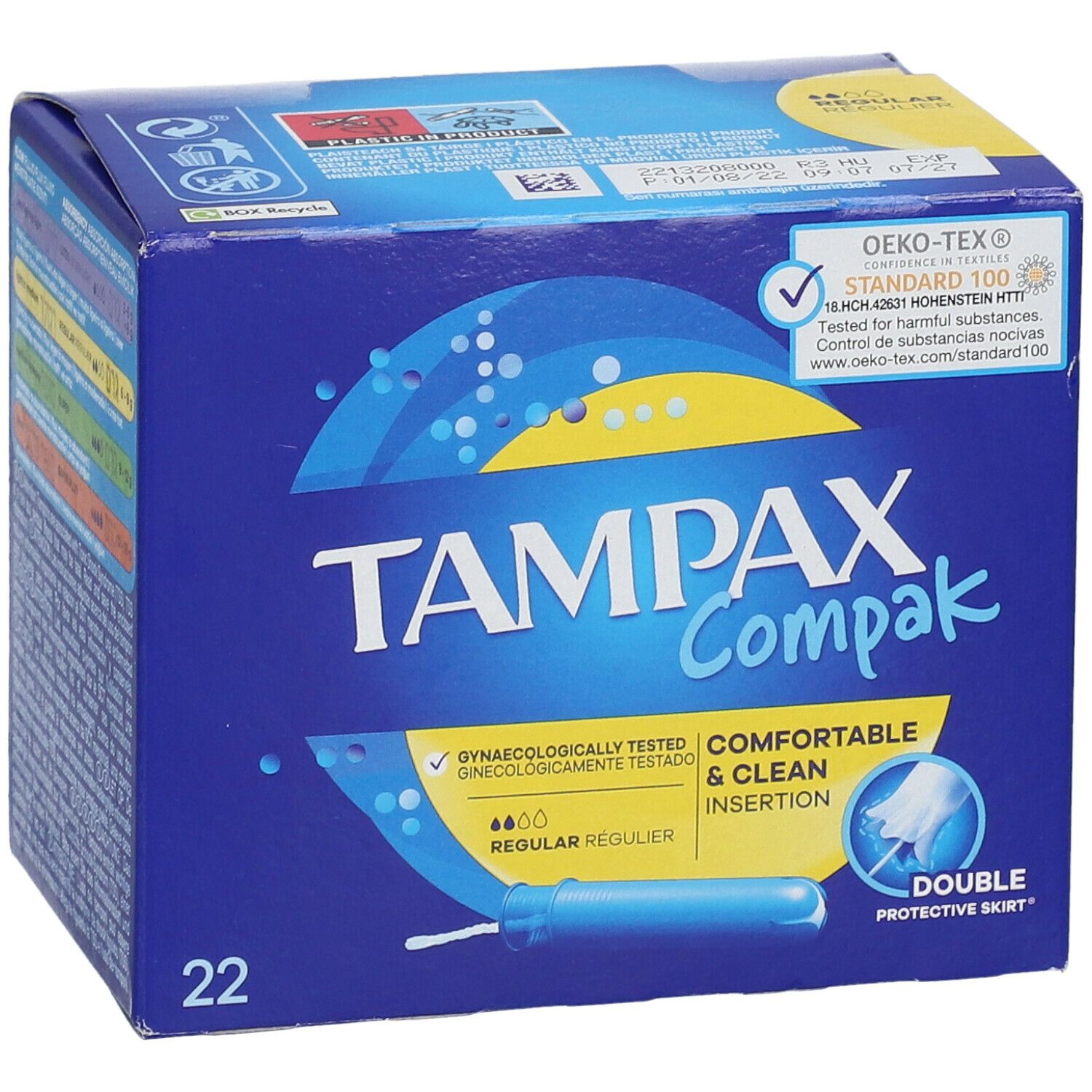 Schachtel 'Tampax Compak Regular'. 22 Stück. 'Oeko-Tex' Siegel. 'Gynäkologisch getestet'. Blau-gelb.