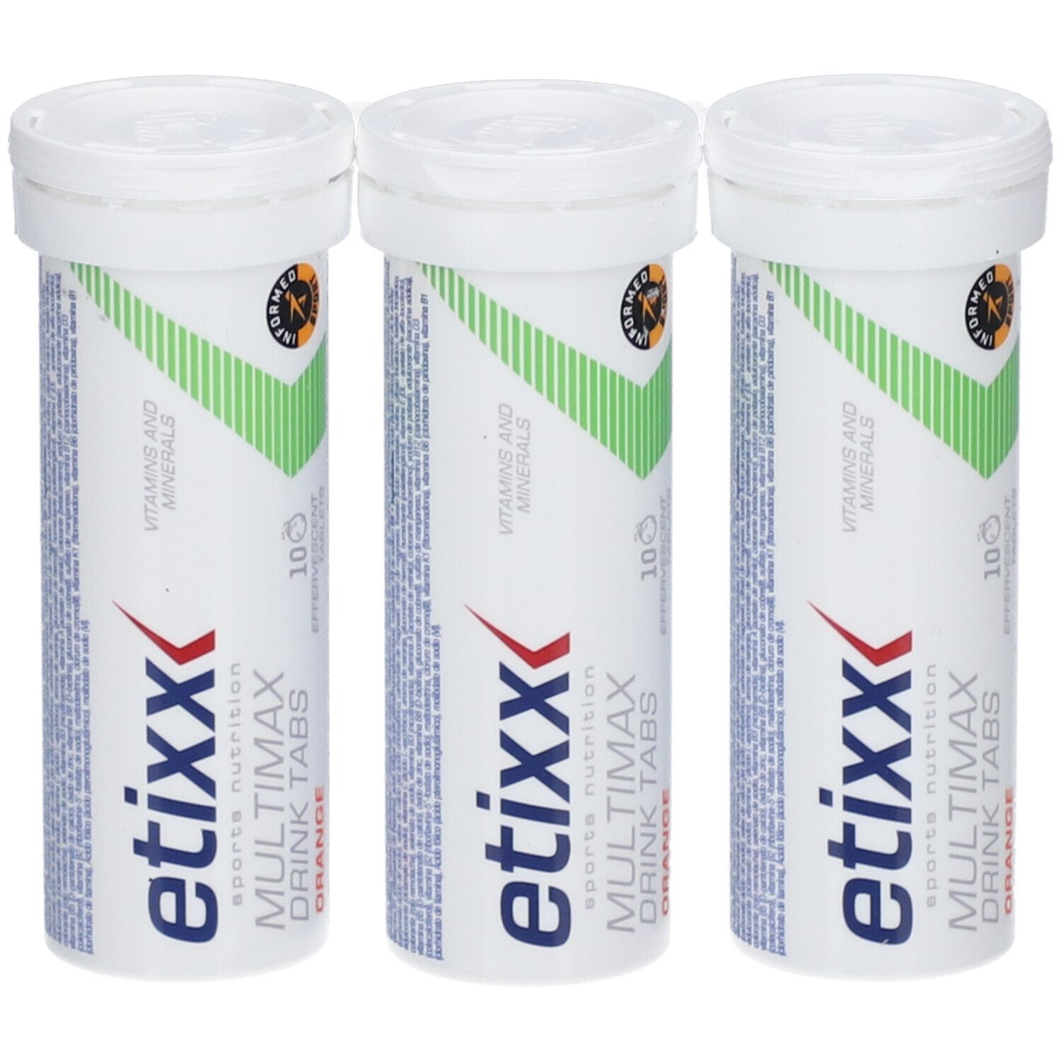 Drei weiße Tuben mit Etixx Multimax Drink Tabs Orange. Grün-weiße Streifen und Logo. 10 Tabletten.