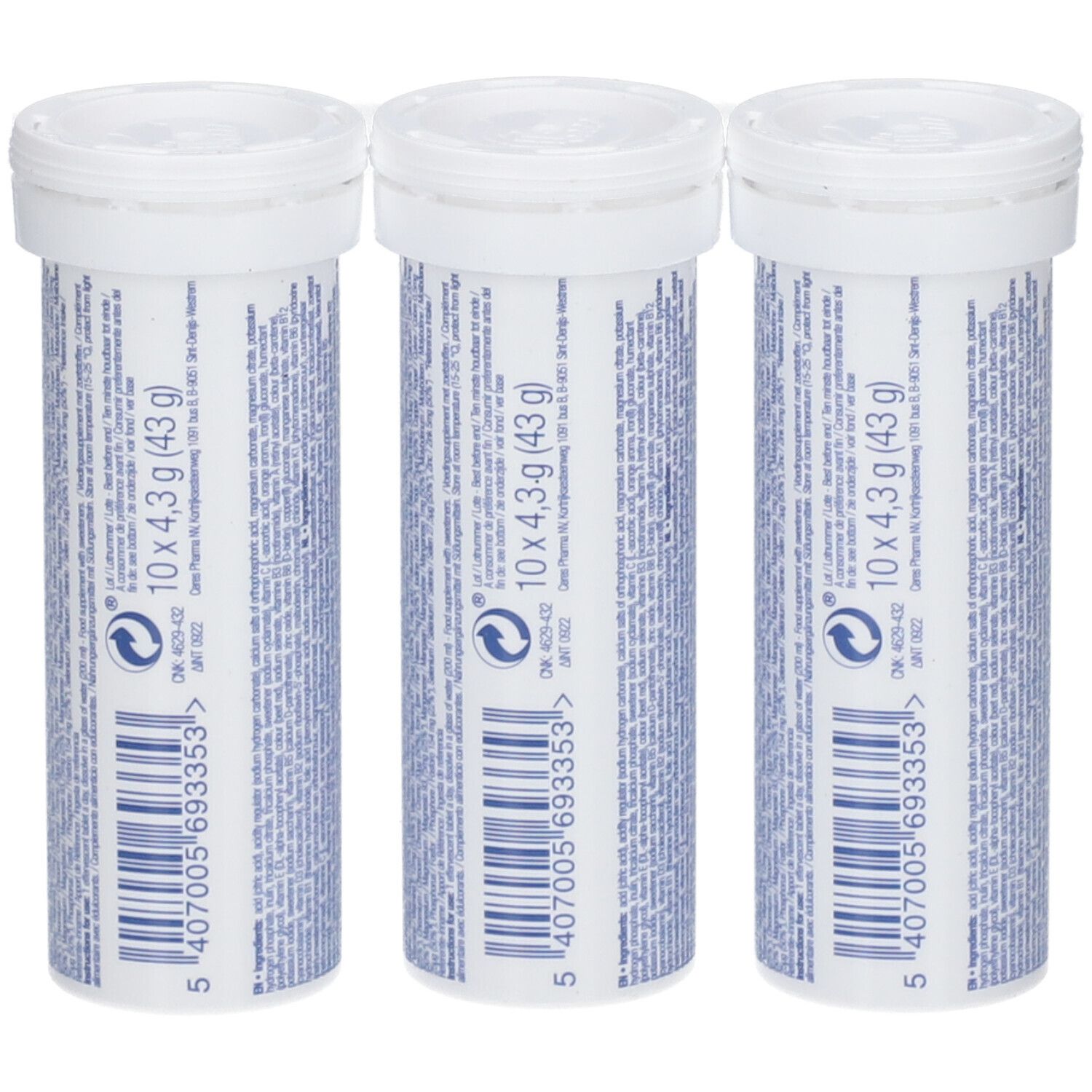 Drei weiße Tuben Etixx Multimax Drink Tabs Orange. Rückseite mit Text und Barcode. 10 Tabletten.