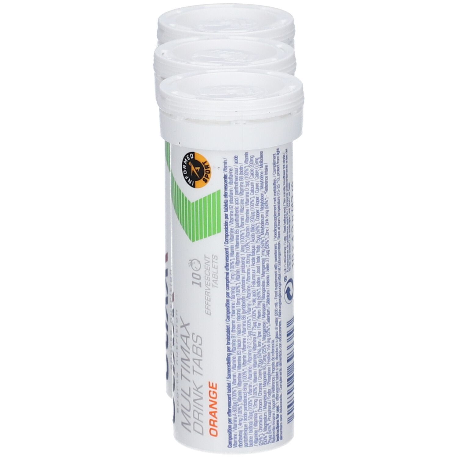 Eine weiße Tube Etixx Multimax Drink Tabs Orange. Grün-weiße Streifen, Logo und Text. 10 Tabletten.