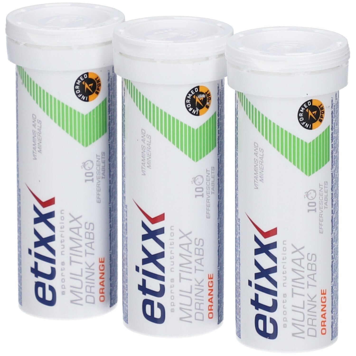 Drei weiße Tuben Etixx Multimax Drink Tabs Orange. Grün-weiße Streifen, Logo und Text. 10 Tabletten.