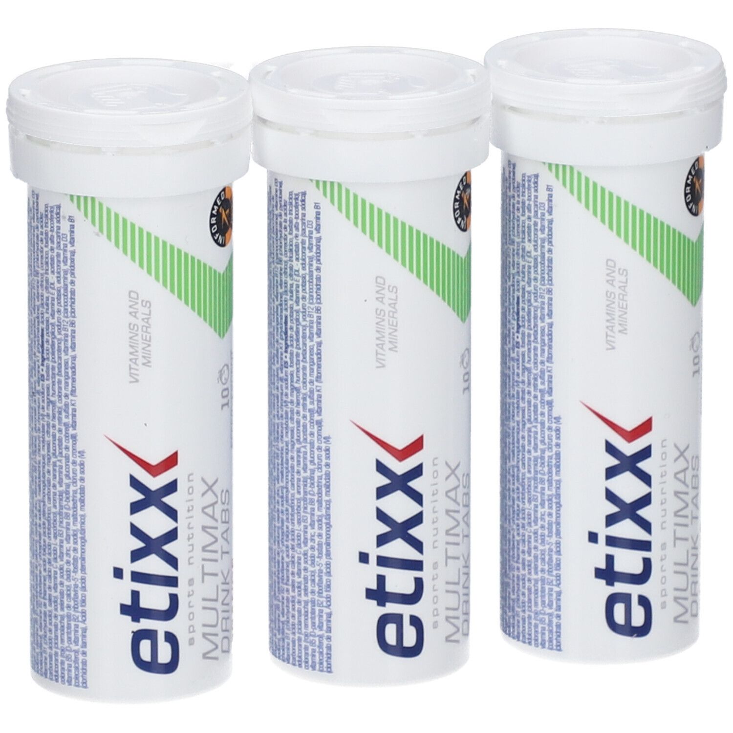 Drei weiße Tuben Etixx Multimax Drink Tabs Orange. Grün-weiße Streifen, Logo und Text. 10 Tabletten.