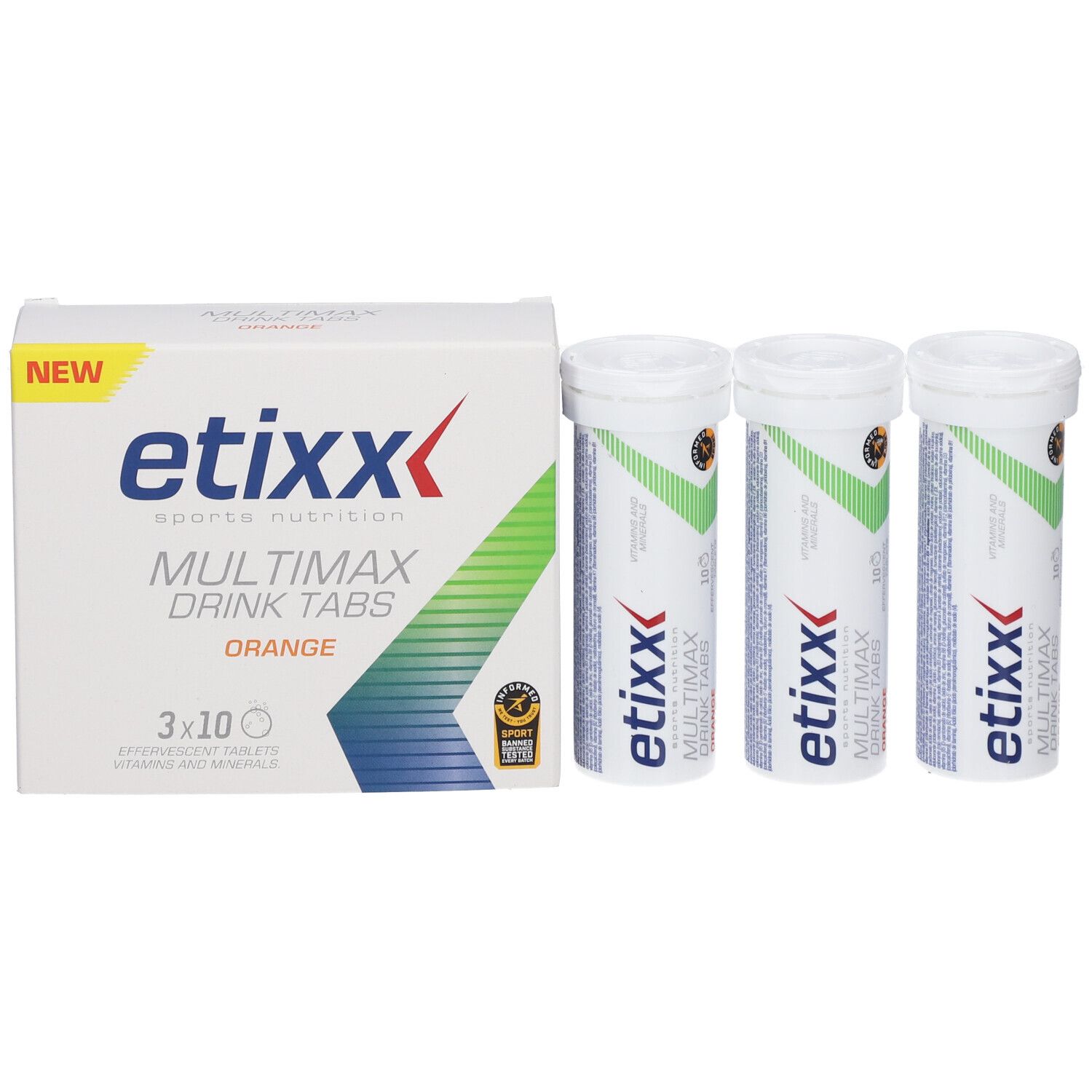 Etixx Multimax Drink Tabs Orange Packung und drei Tuben. Weiß, gelb und grün. 3x10 Tabletten.