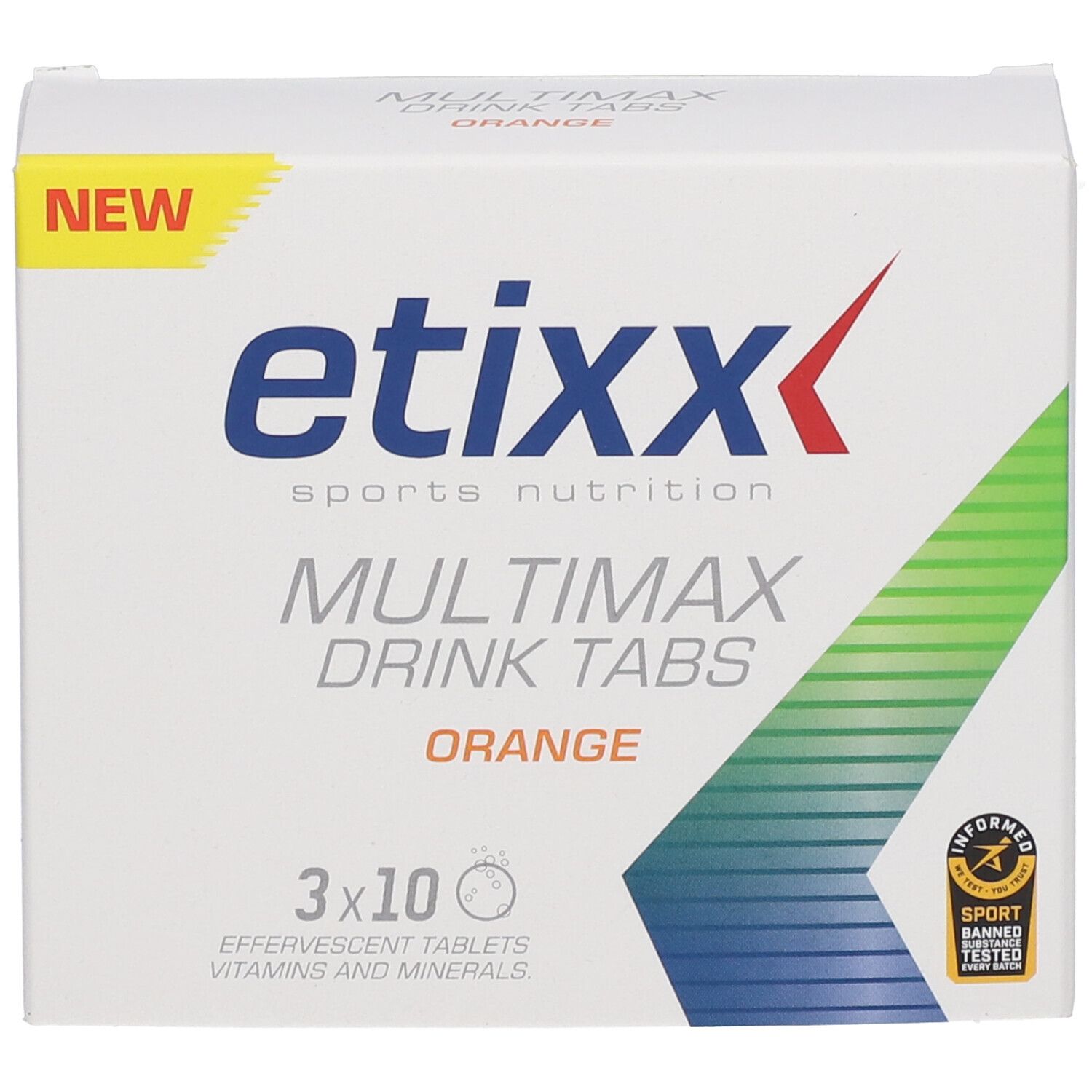 Etixx Multimax Drink Tabs Orange Packung. Weiß, gelb und grün. 3x10 Tabletten. Logo und Text.