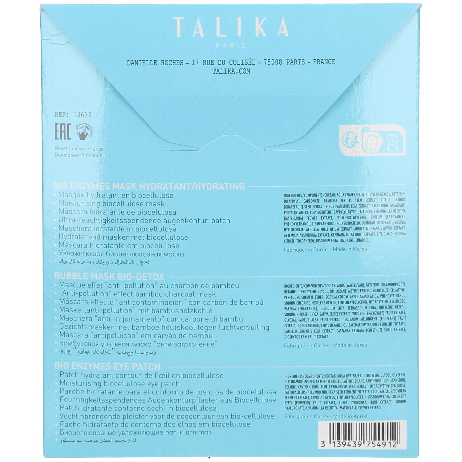 Verpackung des Talika Feuchtigkeitssets. Hellblauer Karton mit Produktinformationen und Logos. Enthält Bio Enzyme Mask, Bubble Mask Bio-Detox und Bio Enzymes Eye Patch.
