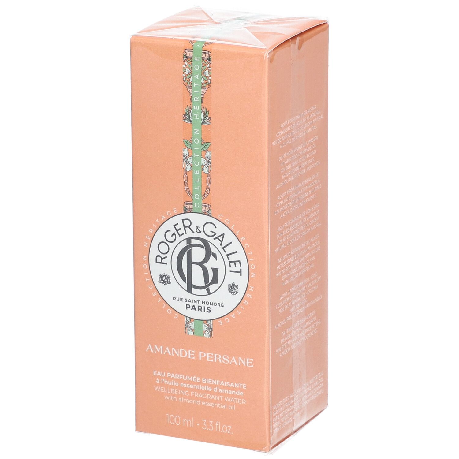 Orangefarbene Schachtel mit Produktinformationen. Logo und Schriftzug Roger & Gallet. Produktname: Amande Persane.