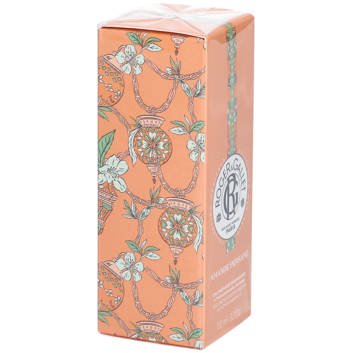 Orangefarbene Schachtel mit floralem Muster. Logo und Schriftzug Roger & Gallet. Produktname: Amande Persane.