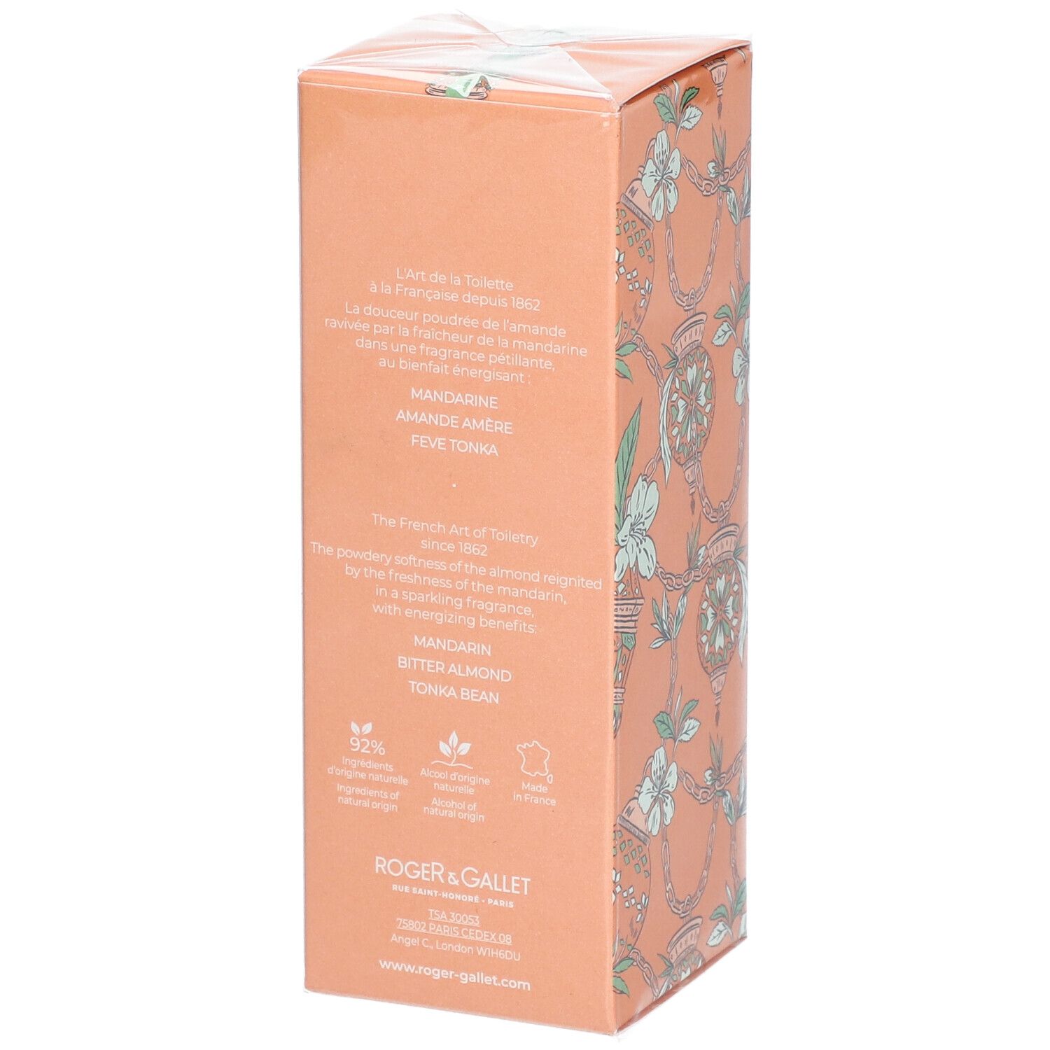 Orangefarbene Schachtel, Textinformationen. Logo Roger & Gallet. Inhaltsstoffe und Zertifizierungen.