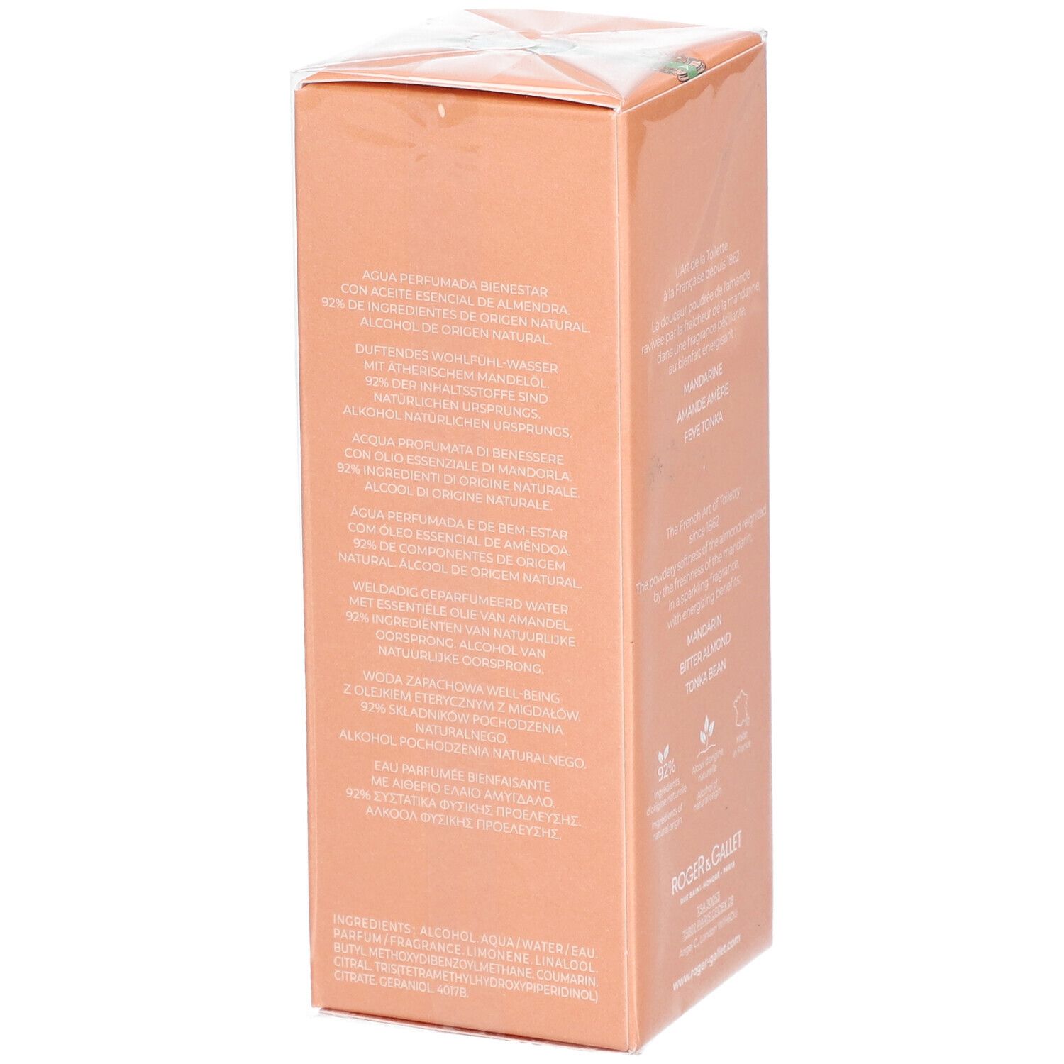 Orangefarbene Schachtel, Textinformationen. Logo Roger & Gallet. Inhaltsstoffe und Produktbeschreibungen.