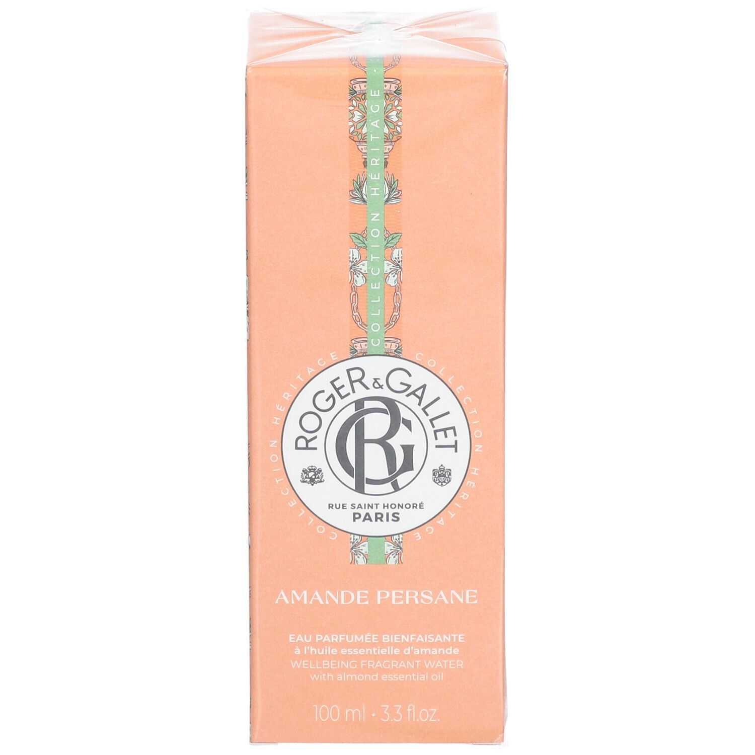 Orangefarbene Schachtel mit Produktinformationen. Logo und Schriftzug Roger & Gallet. Produktname: Amande Persane.