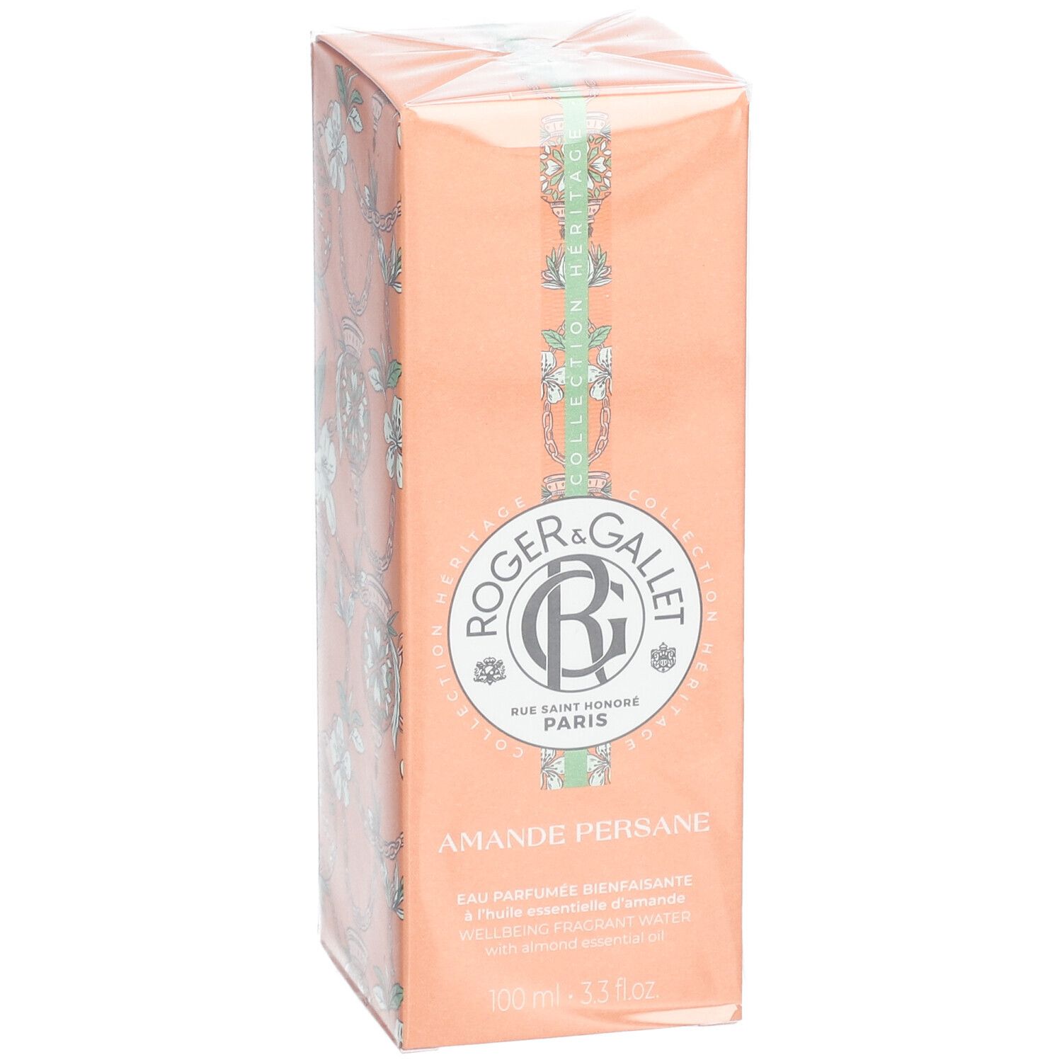 Orangefarbene Schachtel mit Produktinformationen. Logo und Schriftzug Roger & Gallet. Produktname: Amande Persane.