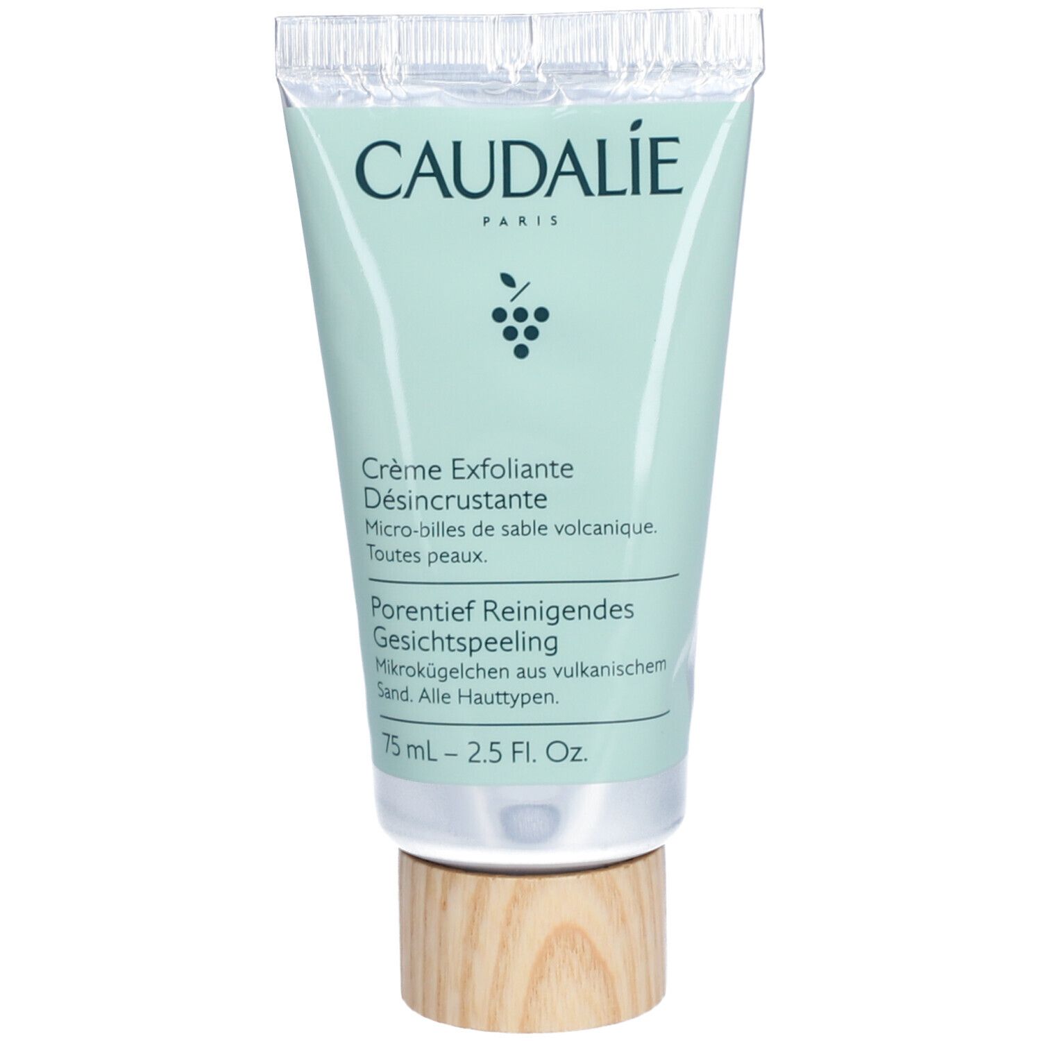 Hellgrüne Tube mit Schraubverschluss aus Holz. Aufschrift: CAUDALIE, Produktname und Text in Deutsch und Französisch.