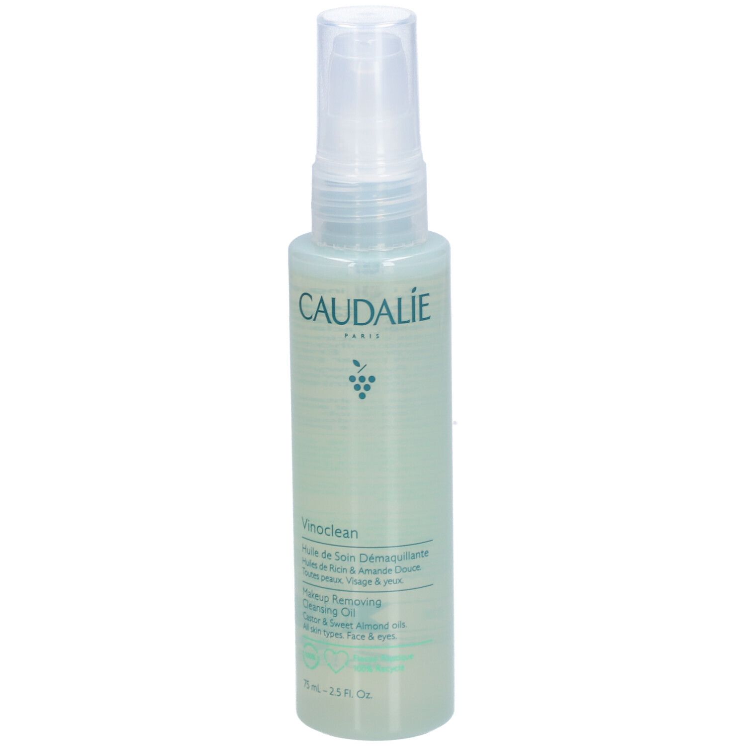Grüne Flasche mit Sprühkopf. Aufschrift CAUDALIE, Vinoclean, Makeup Removing Cleansing Oil. Enthält Trauben- und Mandelöl.