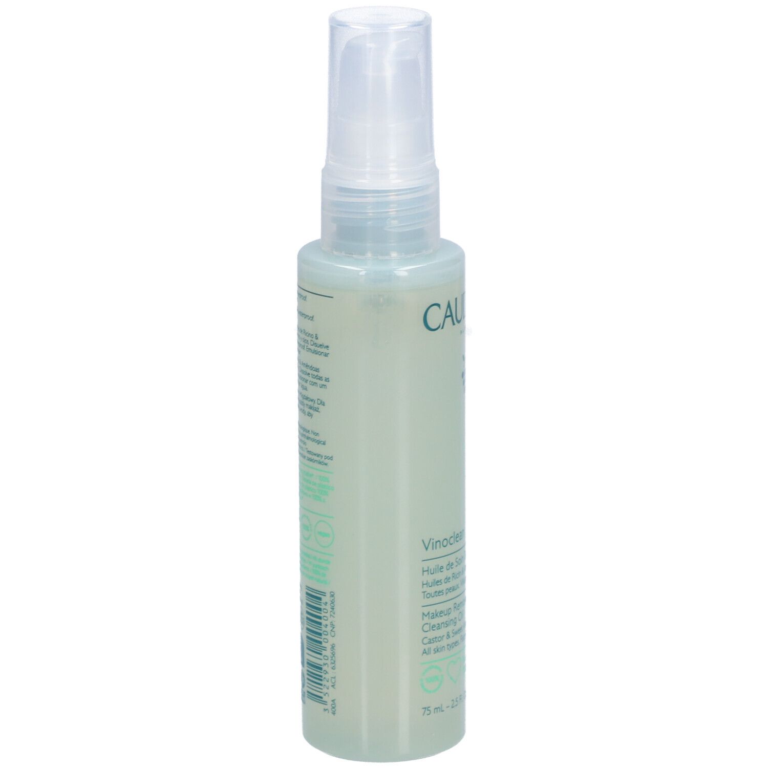 Grüne Flasche mit Sprühkopf. Aufschrift CAUDALIE, Vinoclean, Makeup Removing Cleansing Oil. Rückseite mit Text und Logos.