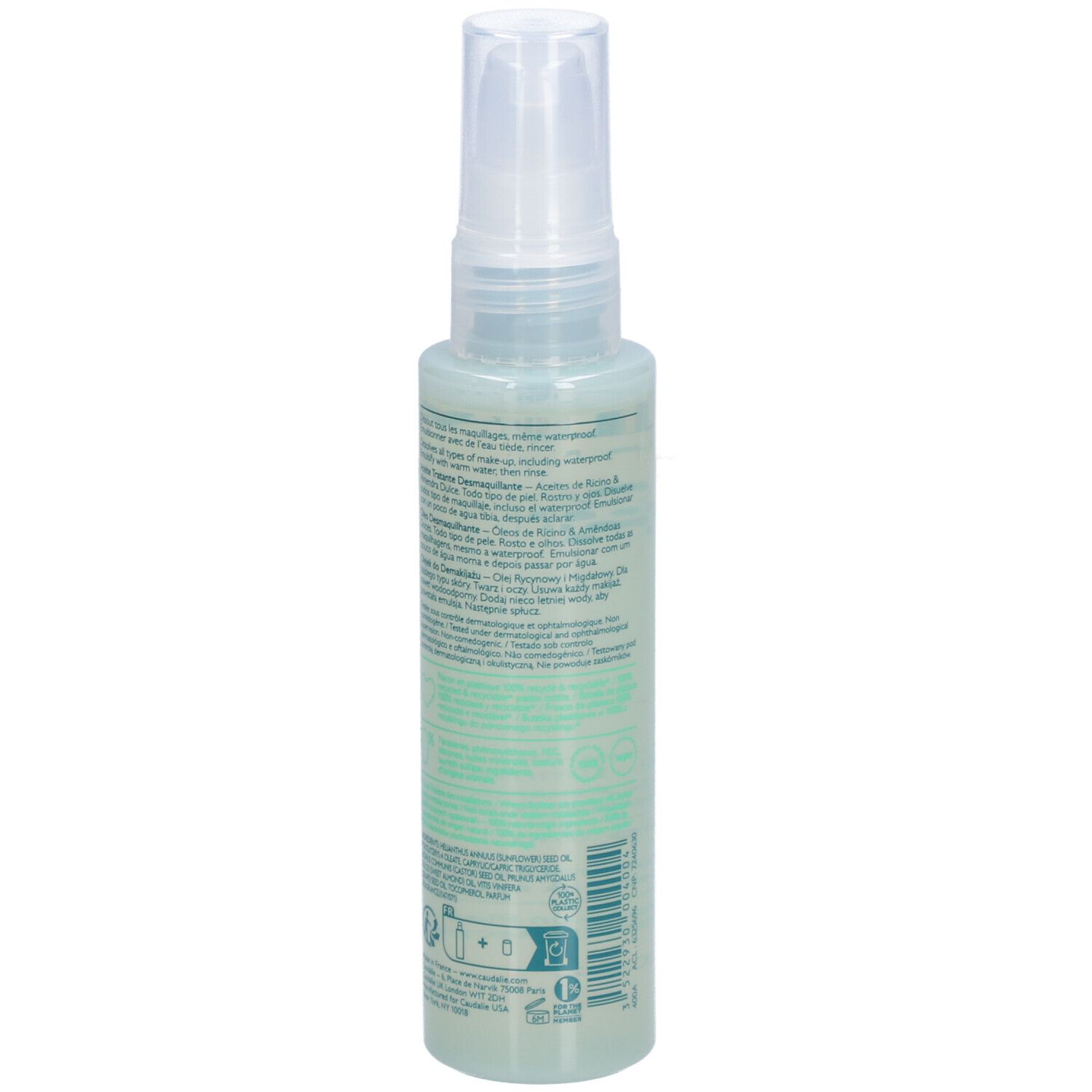 Grüne Flasche mit Sprühkopf. Aufschrift CAUDALIE, Vinoclean, Makeup Removing Cleansing Oil. Rückseite mit Text und Logos.