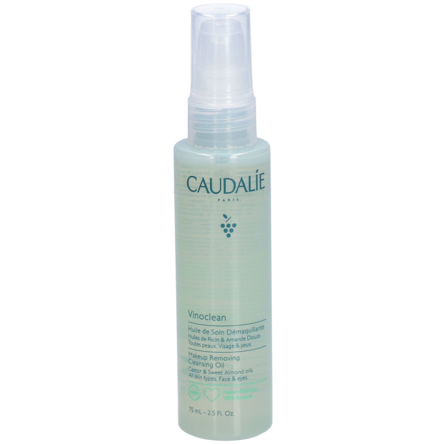 Grüne Flasche mit Sprühkopf. Aufschrift CAUDALIE, Vinoclean, Makeup Removing Cleansing Oil. Enthält Trauben- und Mandelöl.