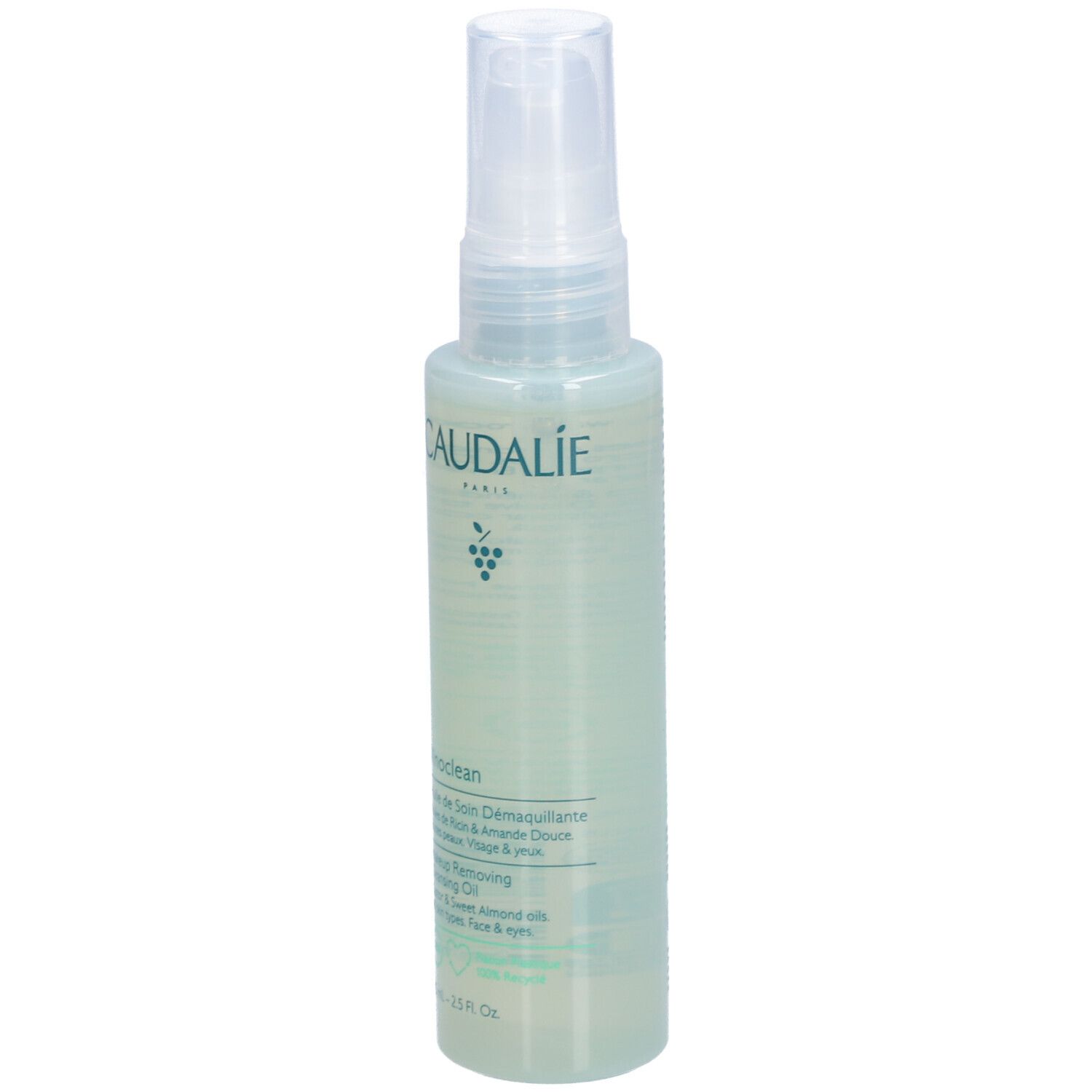 Grüne Flasche mit Sprühkopf. Aufschrift CAUDALIE, Vinoclean, Makeup Removing Cleansing Oil. Enthält Trauben- und Mandelöl.