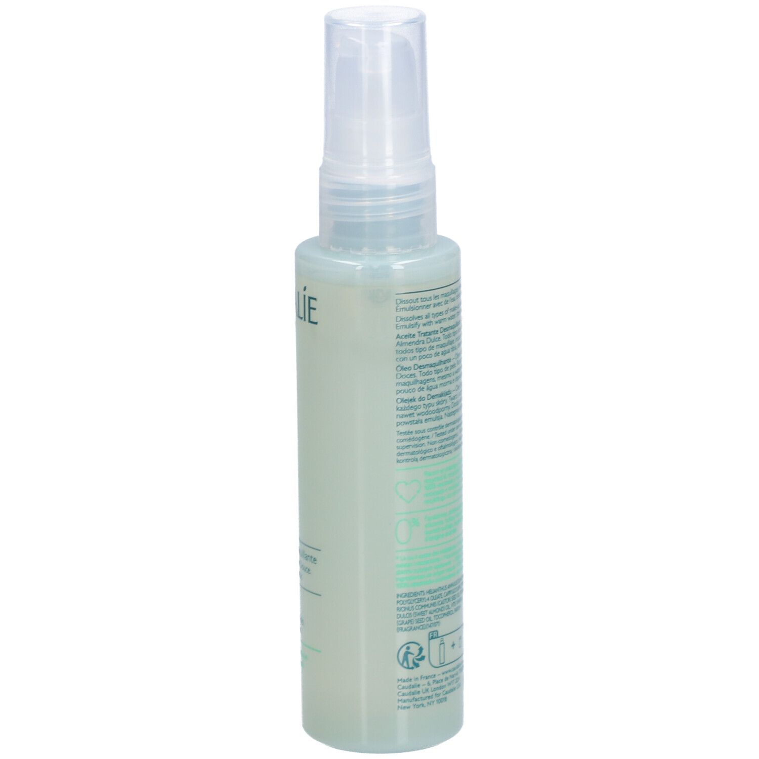 Grüne Flasche mit Sprühkopf. Aufschrift CAUDALIE, Vinoclean, Makeup Removing Cleansing Oil. Rückseite mit Text und Logos.