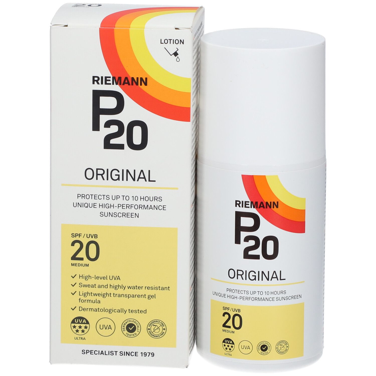 RIEMANN P20 Original SPF20 Flasche und Schachtel. Gelbes Feld mit SPF 20. Farblogo.