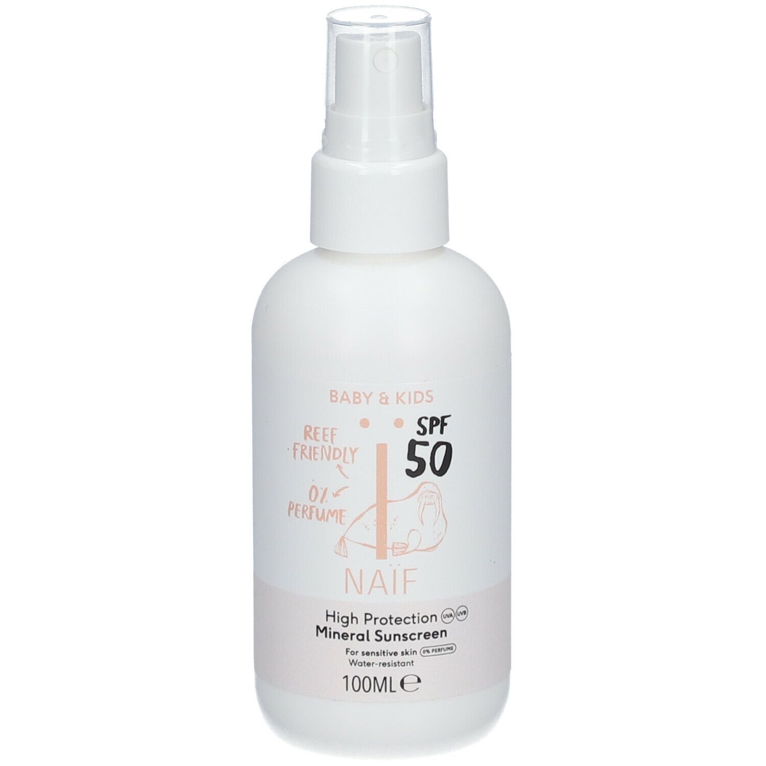 Weiße Sprühflasche mit NAÏF-Logo, SPF 50 und Baby & Kids-Aufdruck. Reef Friendly und 0% Parfüm.