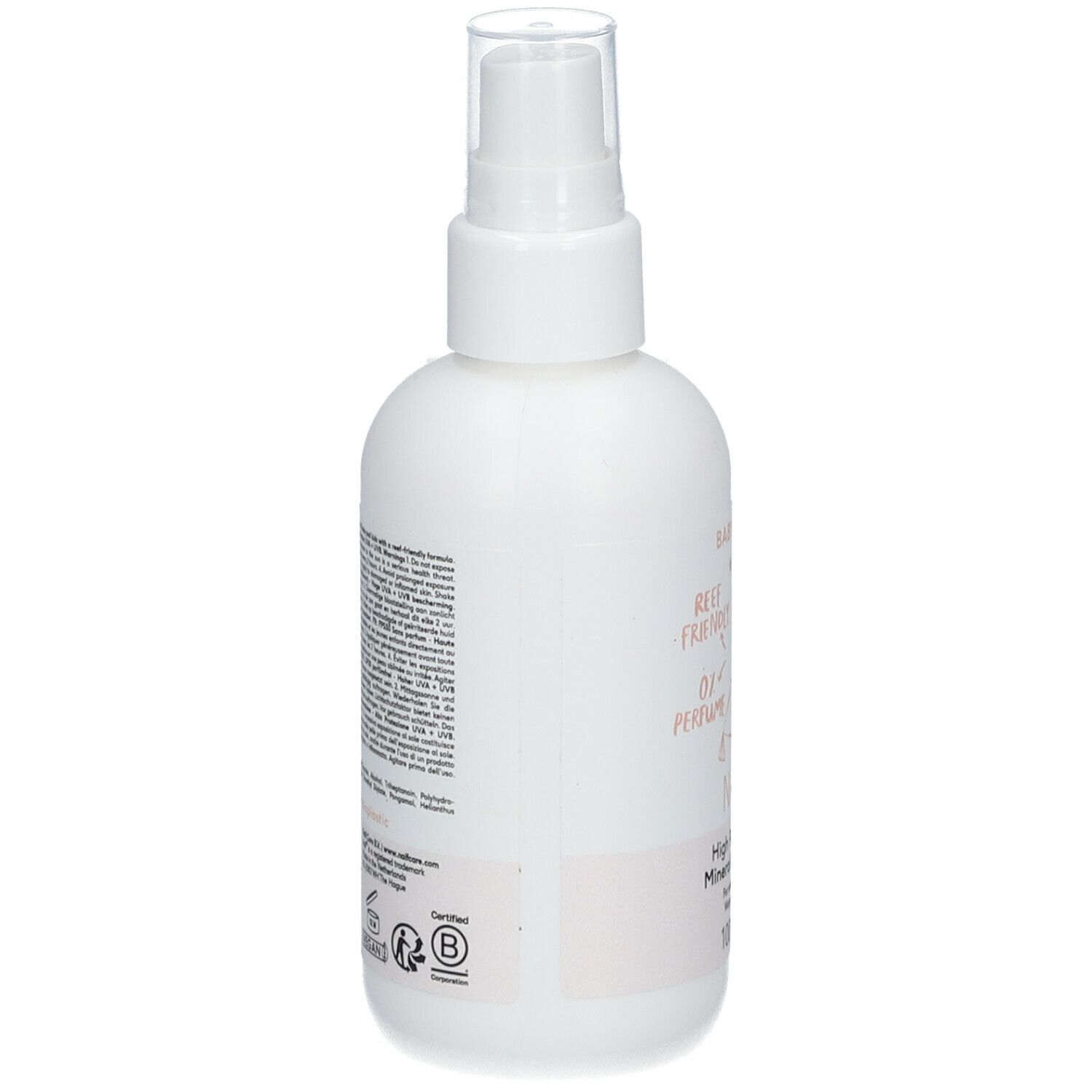 Rückseite der weißen Sprühflasche. Text mit Inhaltsstoffen und Zertifizierungen. Reef Friendly-Logo.