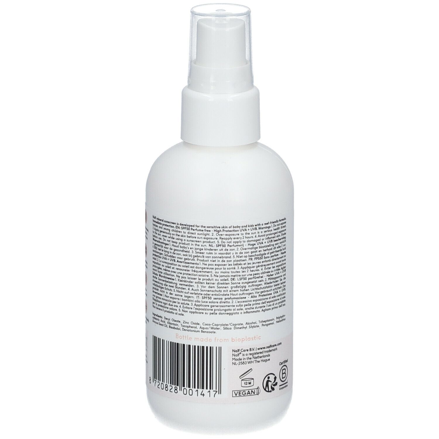 Rückseite der weißen Sprühflasche. Text mit Inhaltsstoffen, Vegan-Logo und Barcode.