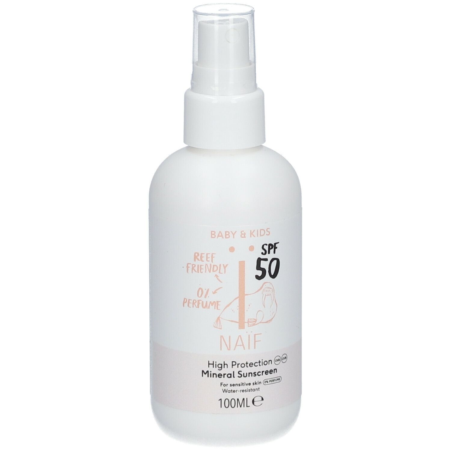 Weiße Sprühflasche mit NAÏF-Logo, SPF 50 und Baby & Kids-Aufdruck. Reef Friendly und 0% Parfüm.