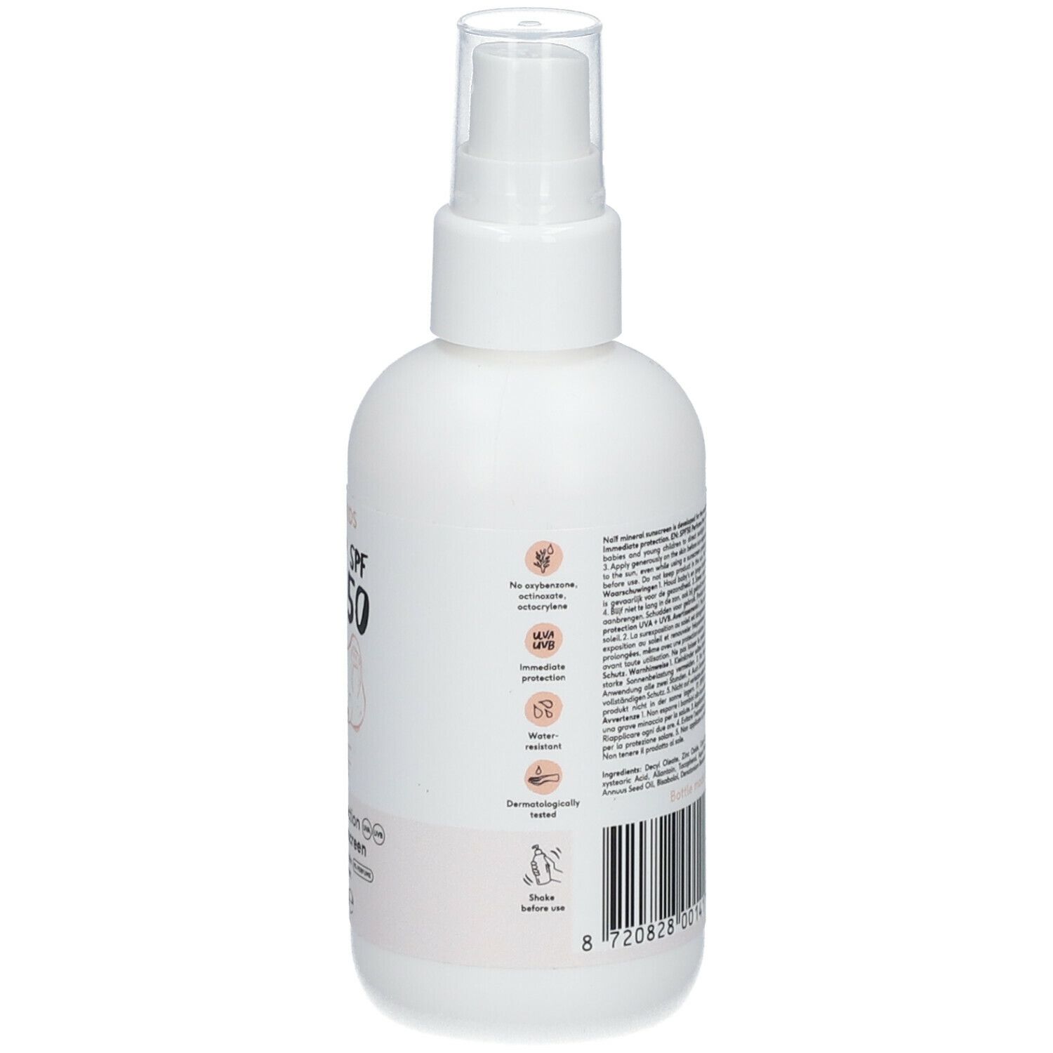 Rückseite der weißen Sprühflasche. Text, Barcode und Logos. Dermatologisch getestet.
