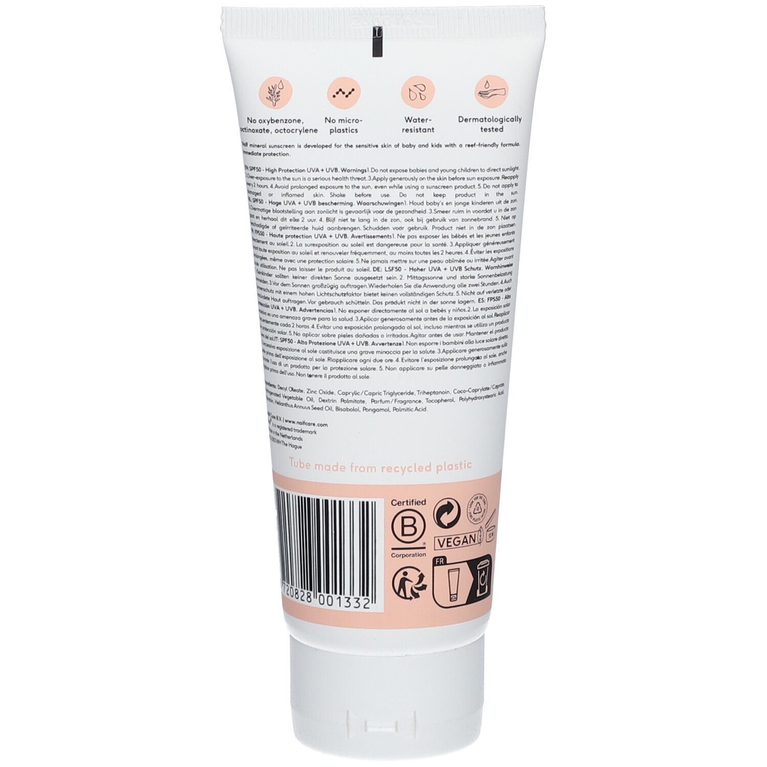 Rückseite der Tube. Text, Barcode, Vegan-Siegel, B-Corp-Zertifizierung. Hergestellt aus recyceltem Kunststoff.