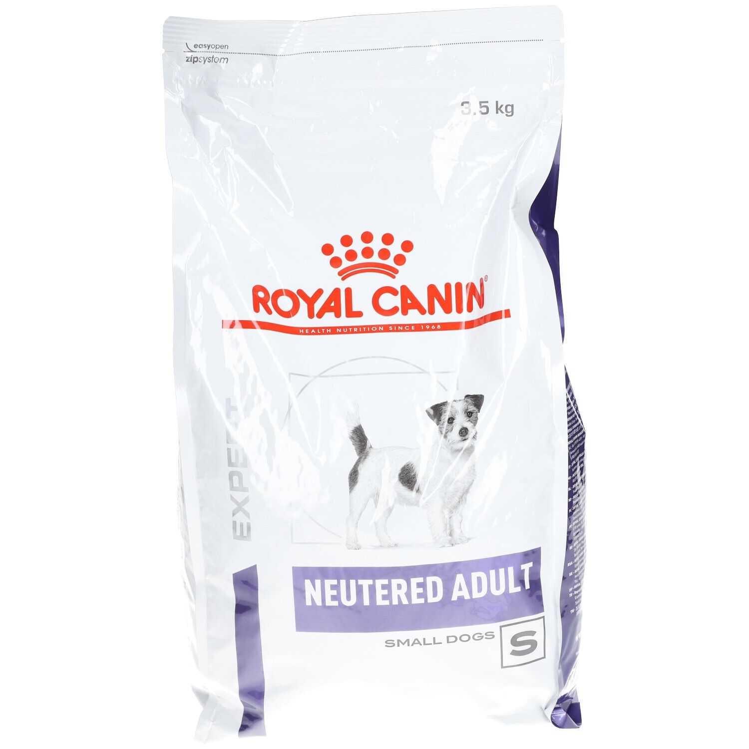 ROYAL CANIN® Neutered Adult Small Dogs. Weiße Tüte mit Produktabbildung und Logo. 2,5 kg.