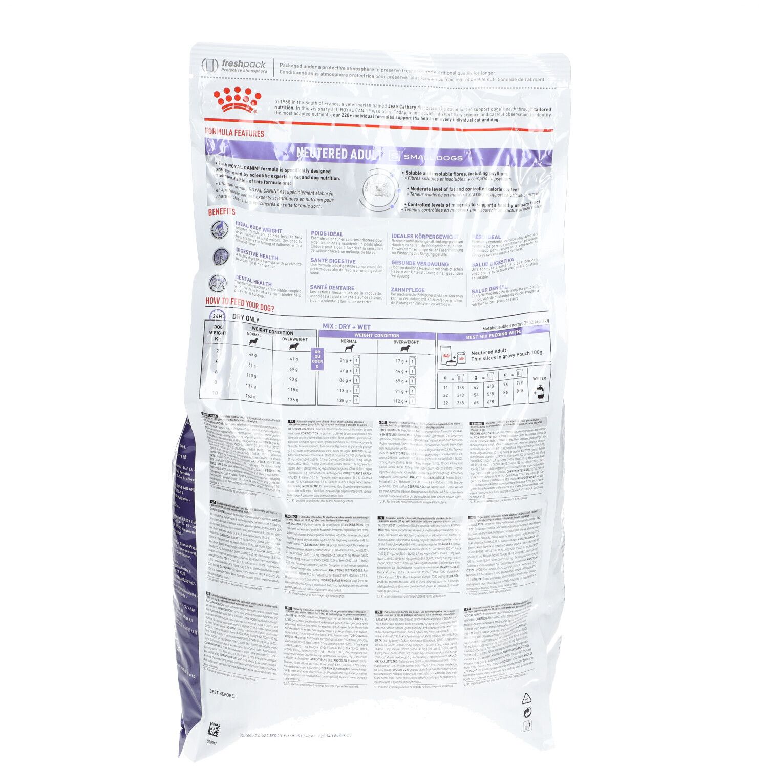 Rückseite der ROYAL CANIN® Neutered Adult Small Dogs Tüte. Text und Tabellen.