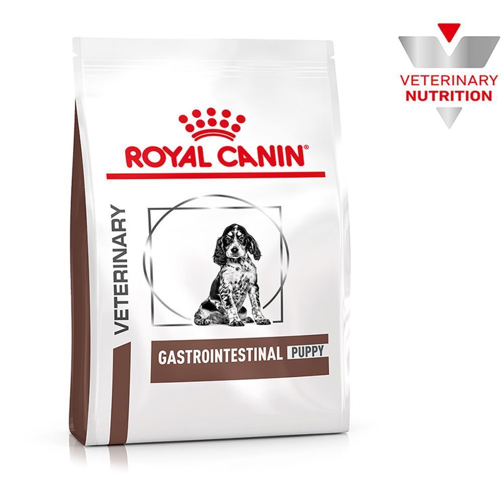 Ein Sack Royal Canin Hundefutter für Welpen mit Magen-Darm-Problemen. Ein Hund ist auf dem Sack abgebildet.