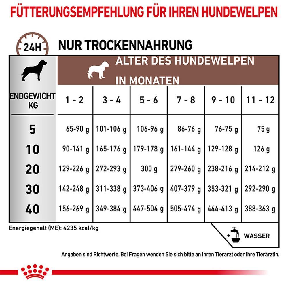 Fütterungsempfehlung für Hundewelpen nach Alter und Gewicht in Monaten und Kilogramm.