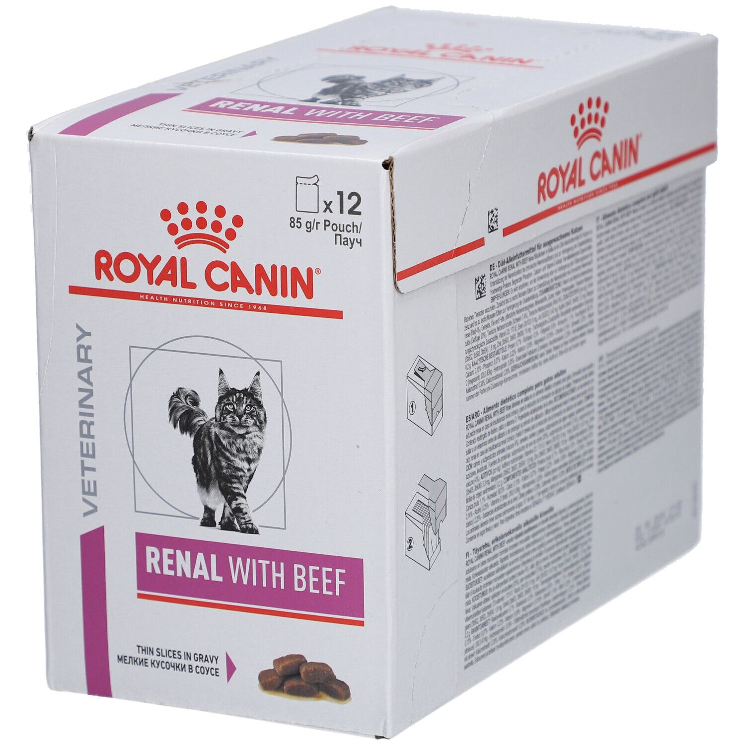 Karton ROYAL CANIN® RENAL Rindfleisch. 12 Beutel. Katze-Illustration. Text: RENAL WITH BEEF, dünne Scheiben in Soße.