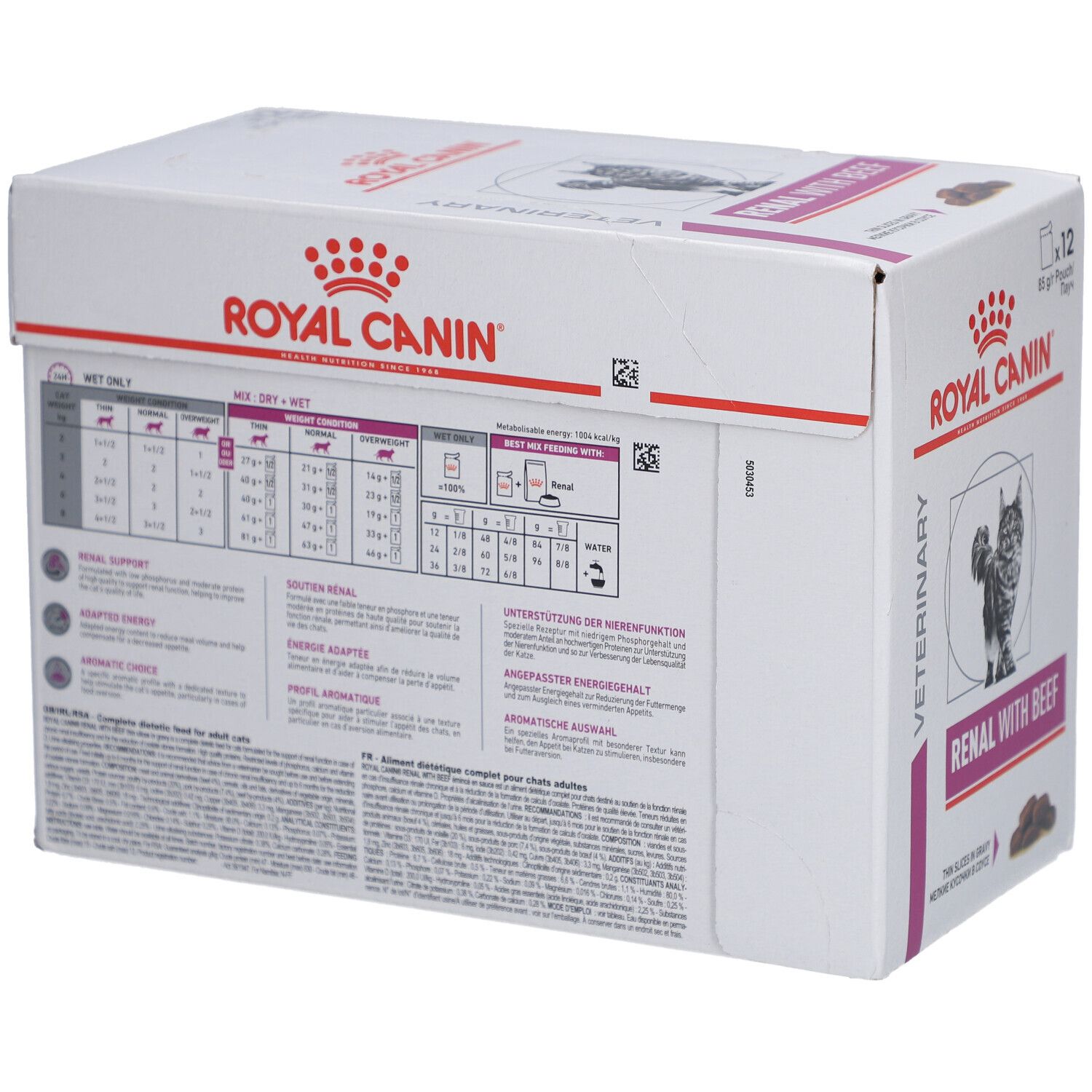 Karton ROYAL CANIN® RENAL Rindfleisch. Rückseite mit Fütterungsempfehlungen und Texten in verschiedenen Sprachen.
