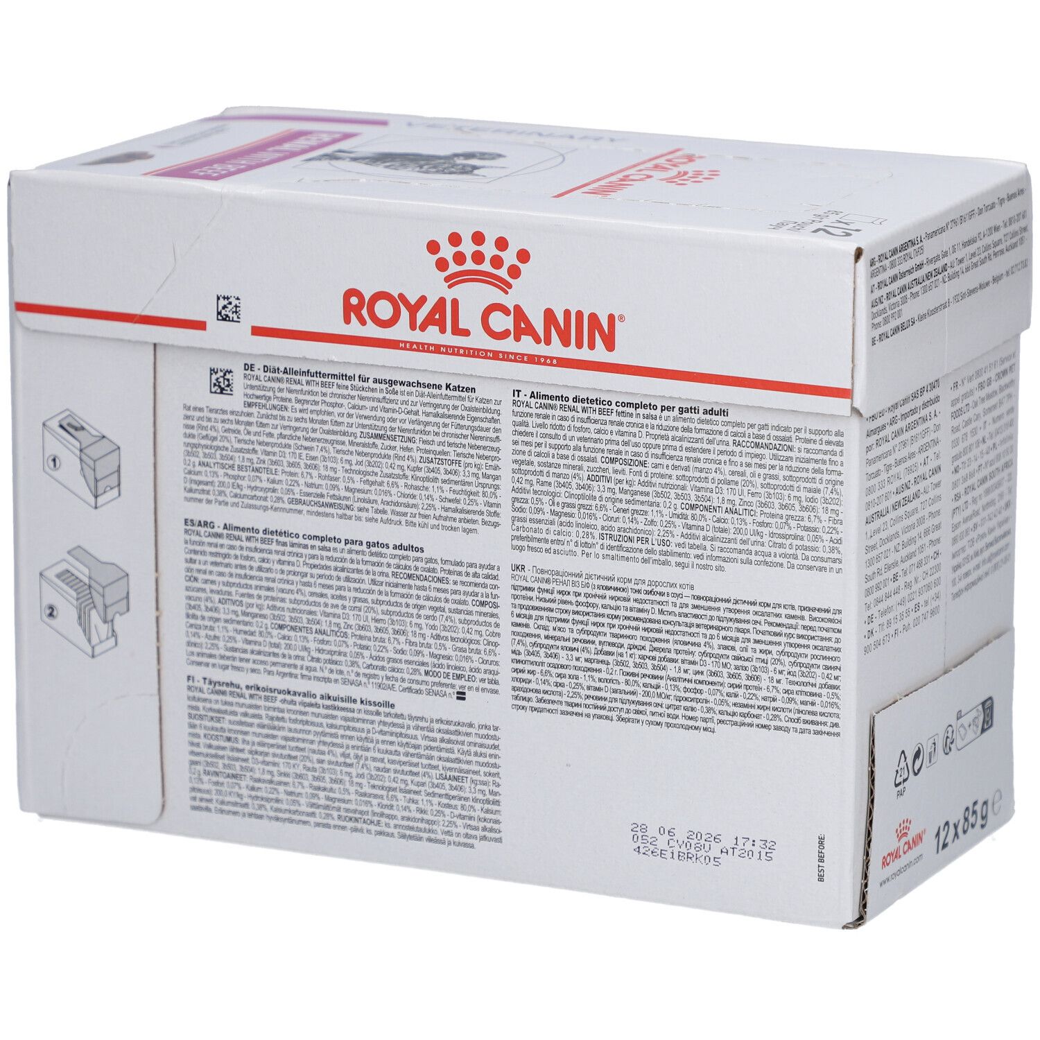 Karton ROYAL CANIN® RENAL Rindfleisch. Rückseite mit Texten und Informationen. 12 x 85g.