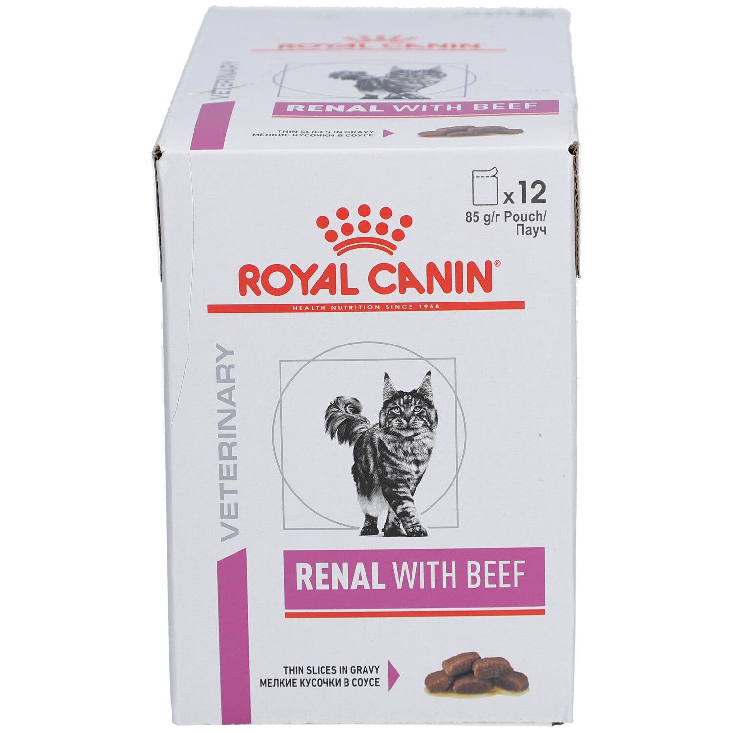 Karton ROYAL CANIN® RENAL Rindfleisch. 12 Beutel. Katze-Illustration. Text: RENAL WITH BEEF, dünne Scheiben in Soße.