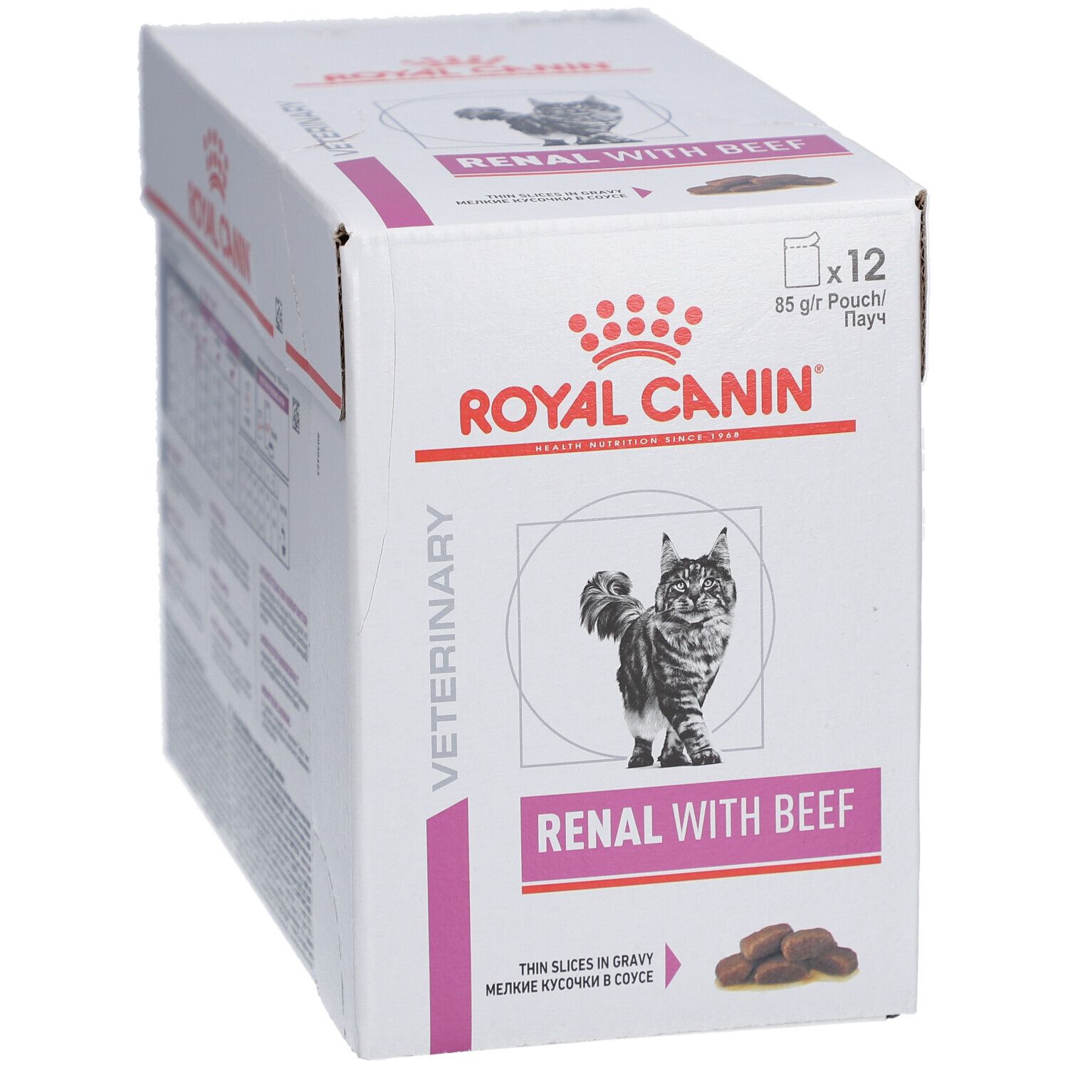 Karton ROYAL CANIN® RENAL Rindfleisch. 12 Beutel. Katze-Illustration. Text: RENAL WITH BEEF, dünne Scheiben in Soße.