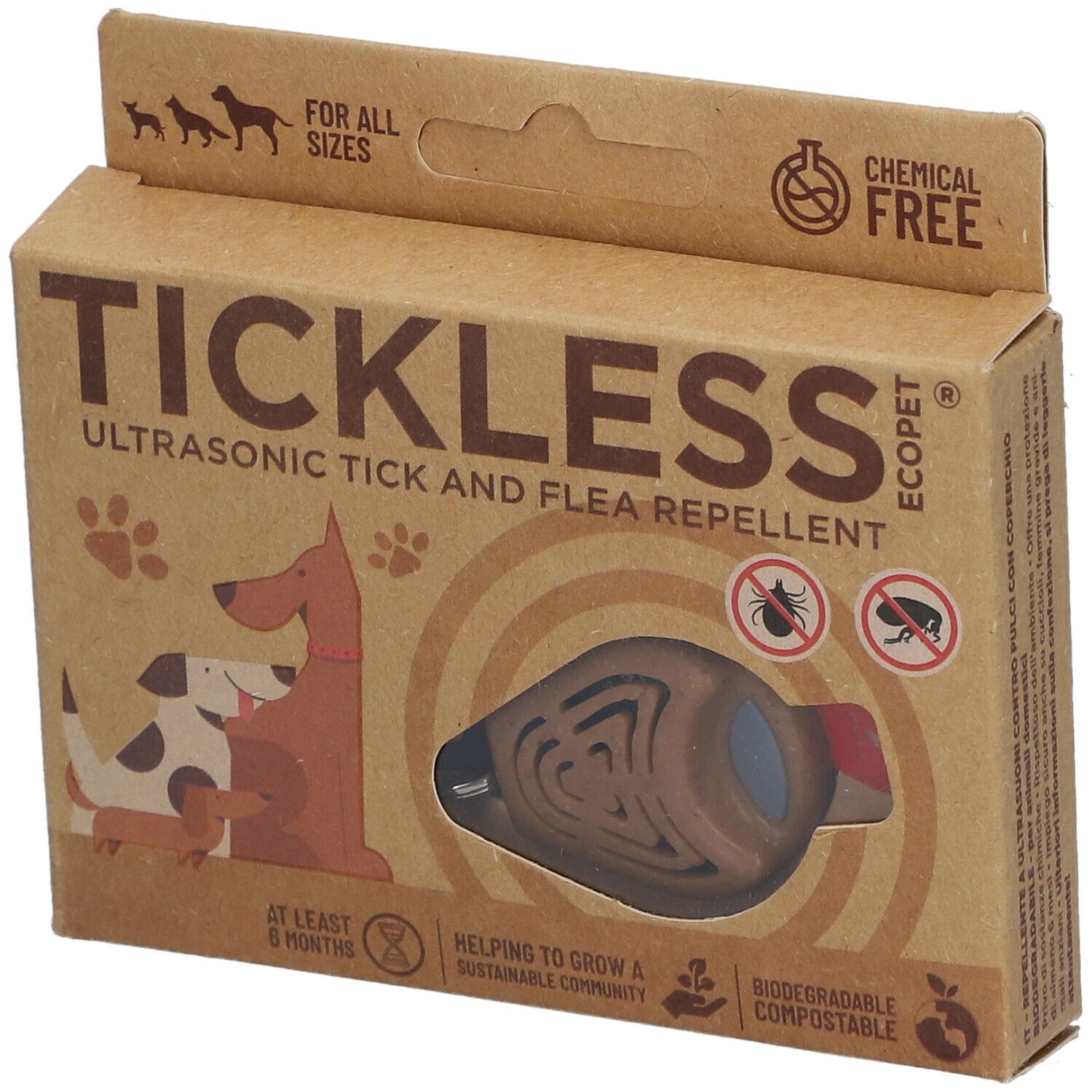 Verpackung von TICKLESS ECOPet. Braune Kartonverpackung mit Produktabbildung und Text. Sichtbares Produkt durch Fenster.